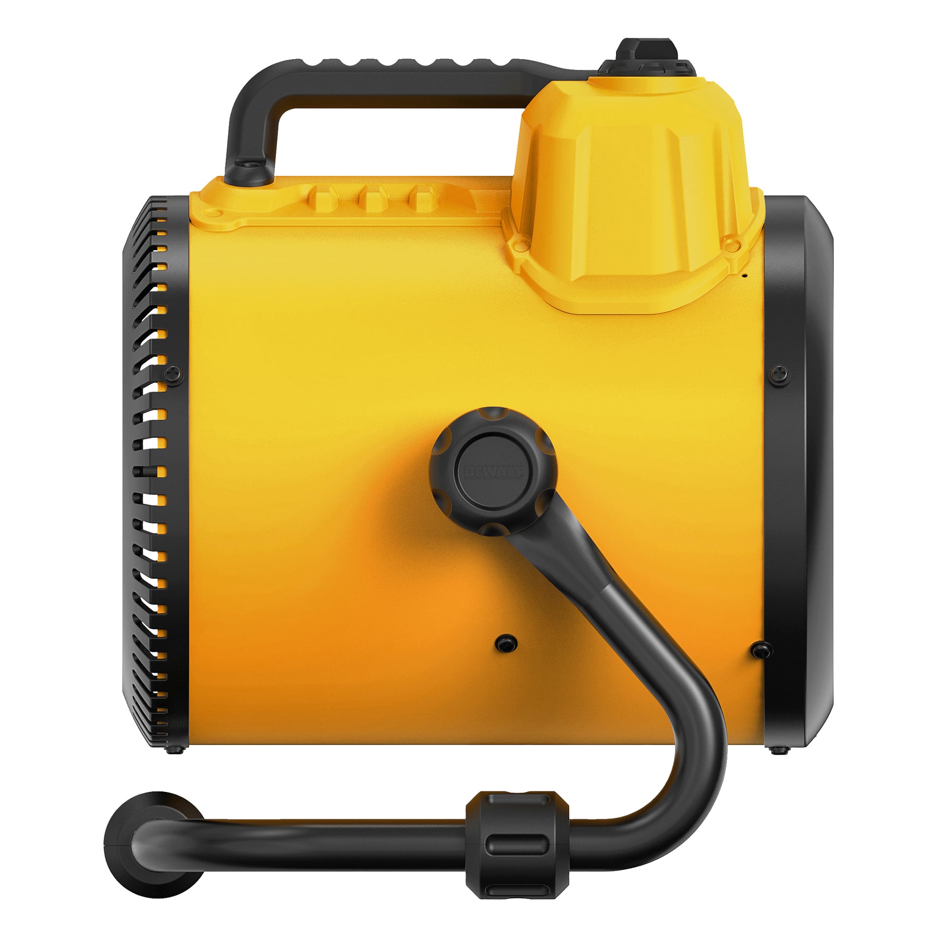 En gul och svart DeWalt Heater Fan DXJHXA0002E visas från sidan. Den portabla enheten har ett starkt handtag på toppen, en kontrollratt och står på en stabil bas.