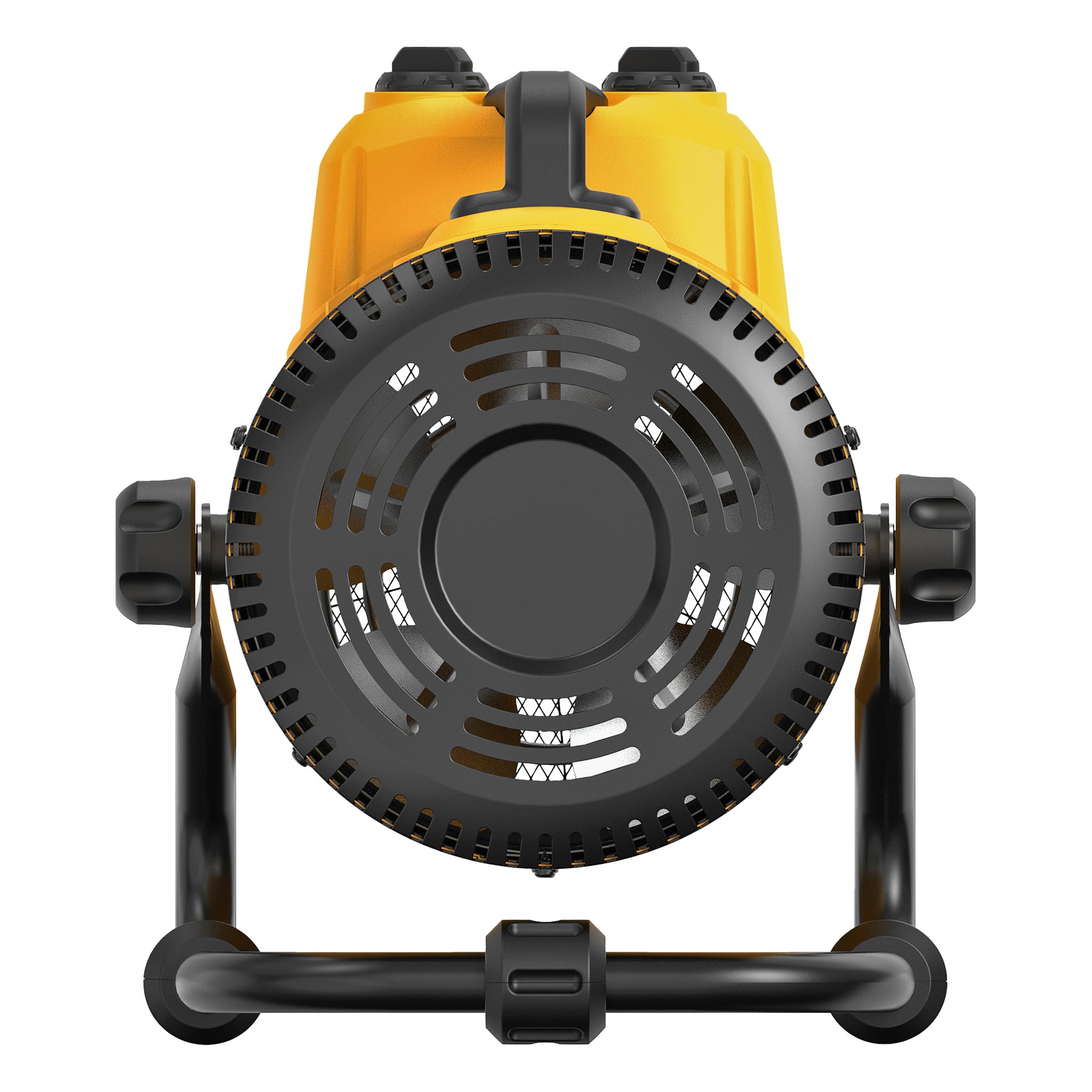DeWalt Heater fläkt DXJHXA0002E framifrån, med sin cylindriska gula och svarta kropp, skyddsgaller fram, sidojusteringsrattar, stabil bas och framträdande ventilationsöppningar.