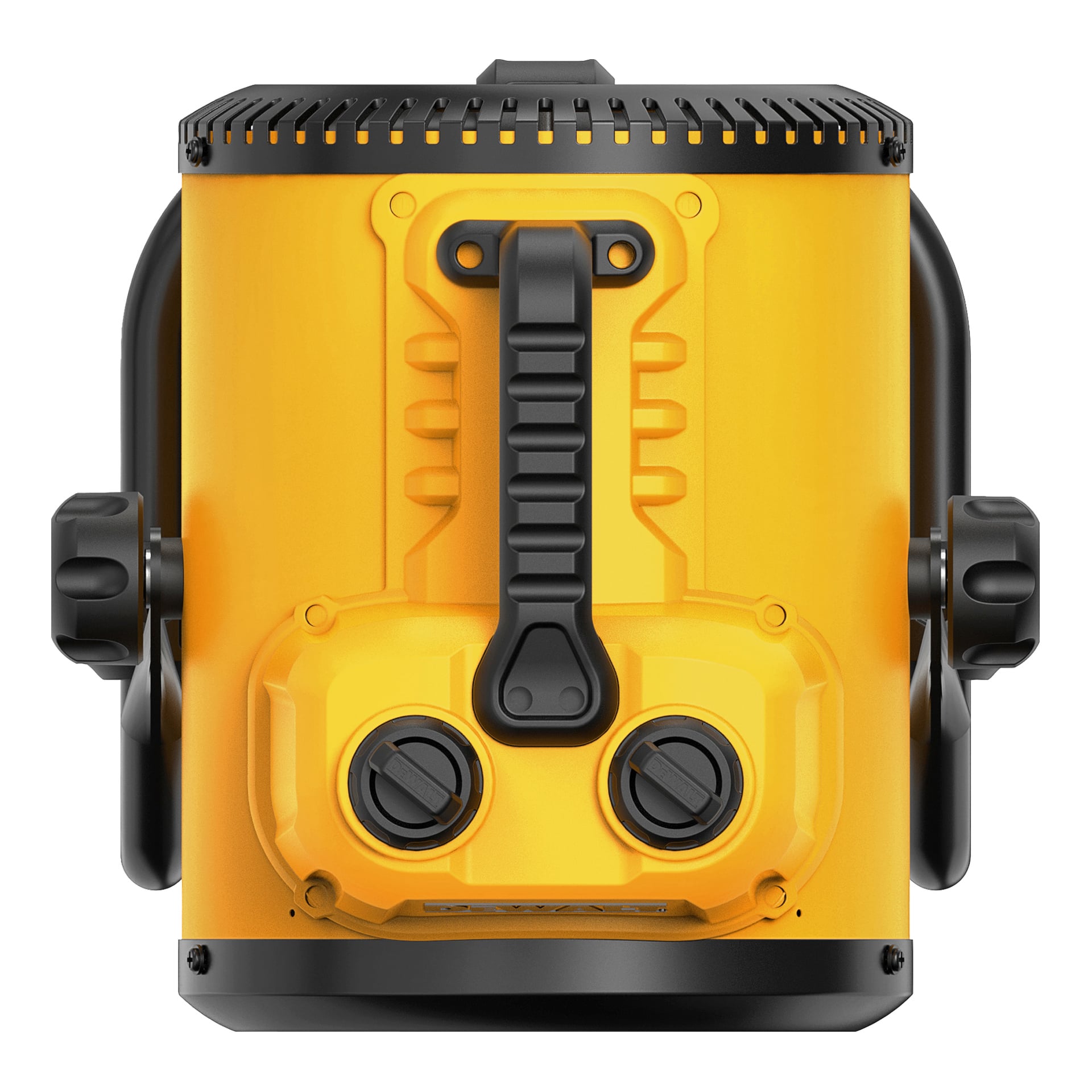 DeWalt Heater Fan (modell DXJHXA0002E) är gul och svart, utrustad med ett handtag upptill, två rattar längst fram och svarta rattar på båda sidor. Den robusta och funktionella designen är idealisk för användning i krävande arbetsmiljöer eller industriella miljöer.