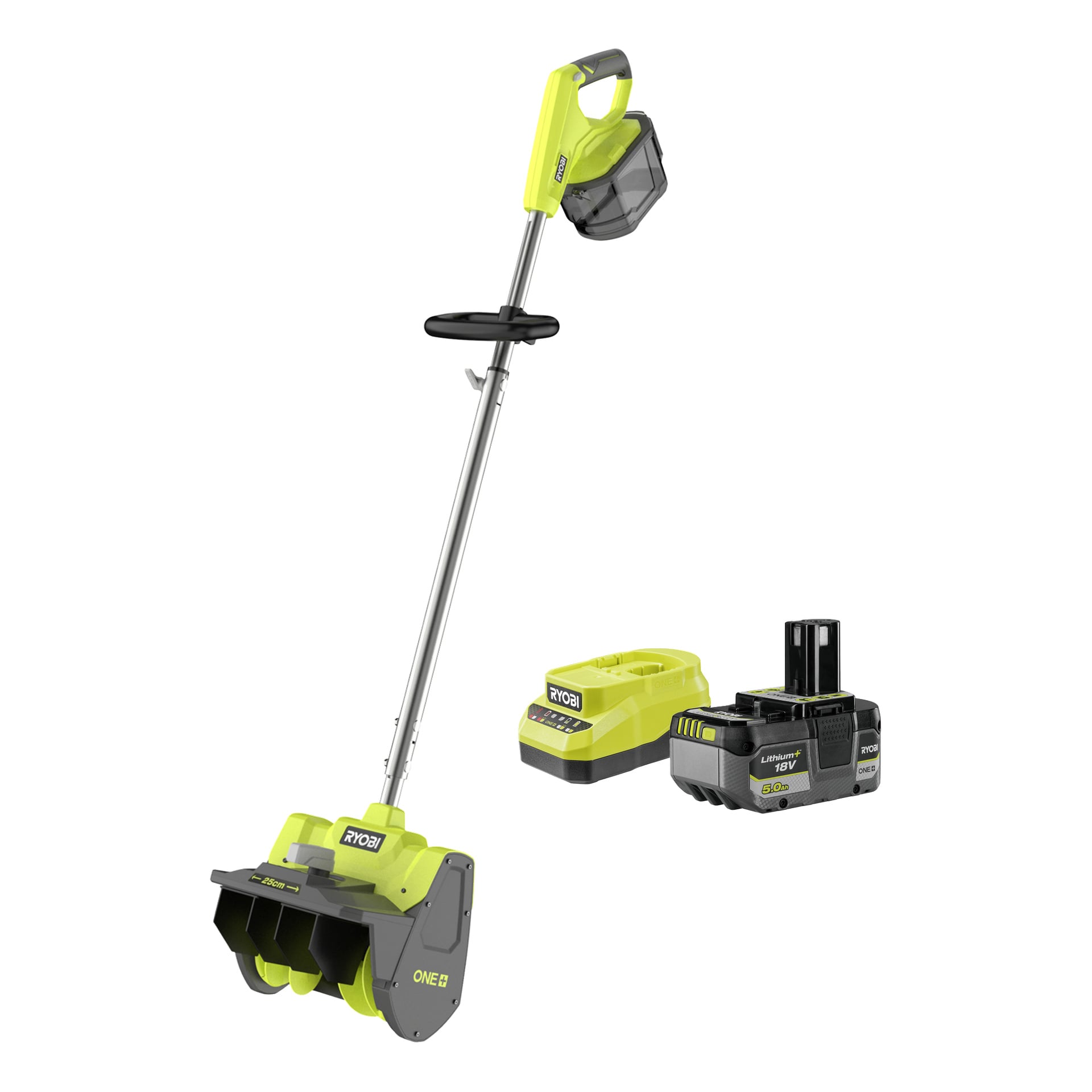 En Ryobi trådløs elektrisk snøskuffe i grønt og grått, med håndtak, batteri og lader samlet utstilt.