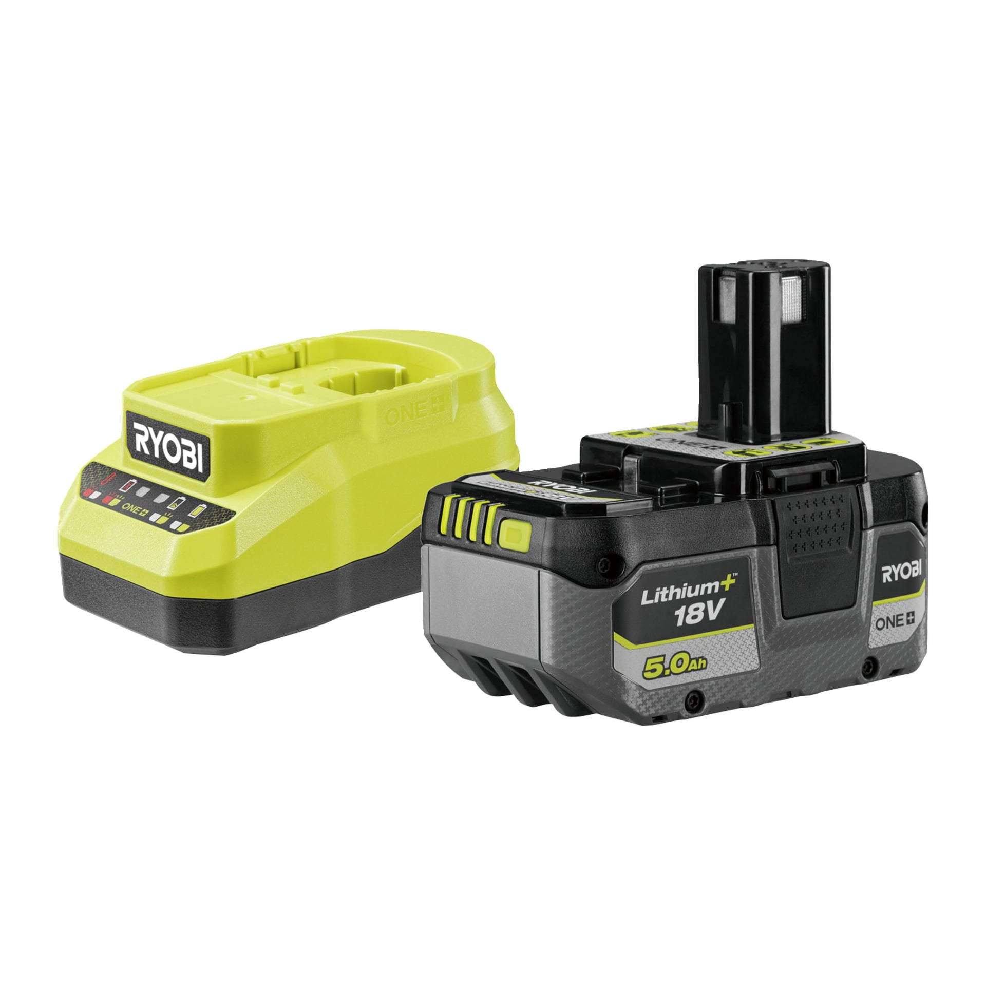 Ryobi 18V litiumbatteri og laderen, begge med svarte og knallgule design, er plassert ved siden av hverandre.