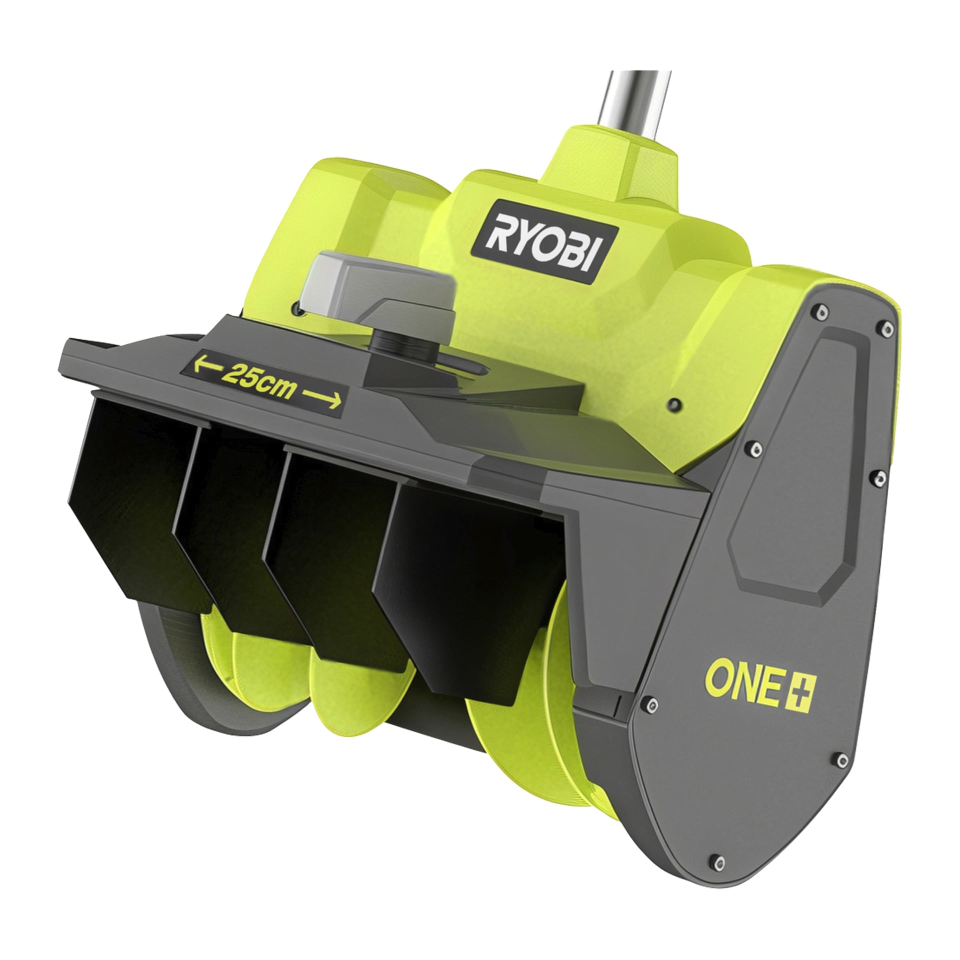 Ryobi ONE+ verktøyfeste vist på nært hold, merket 25 cm bredt, med tre svarte skrueblader og grønt-svart hus.