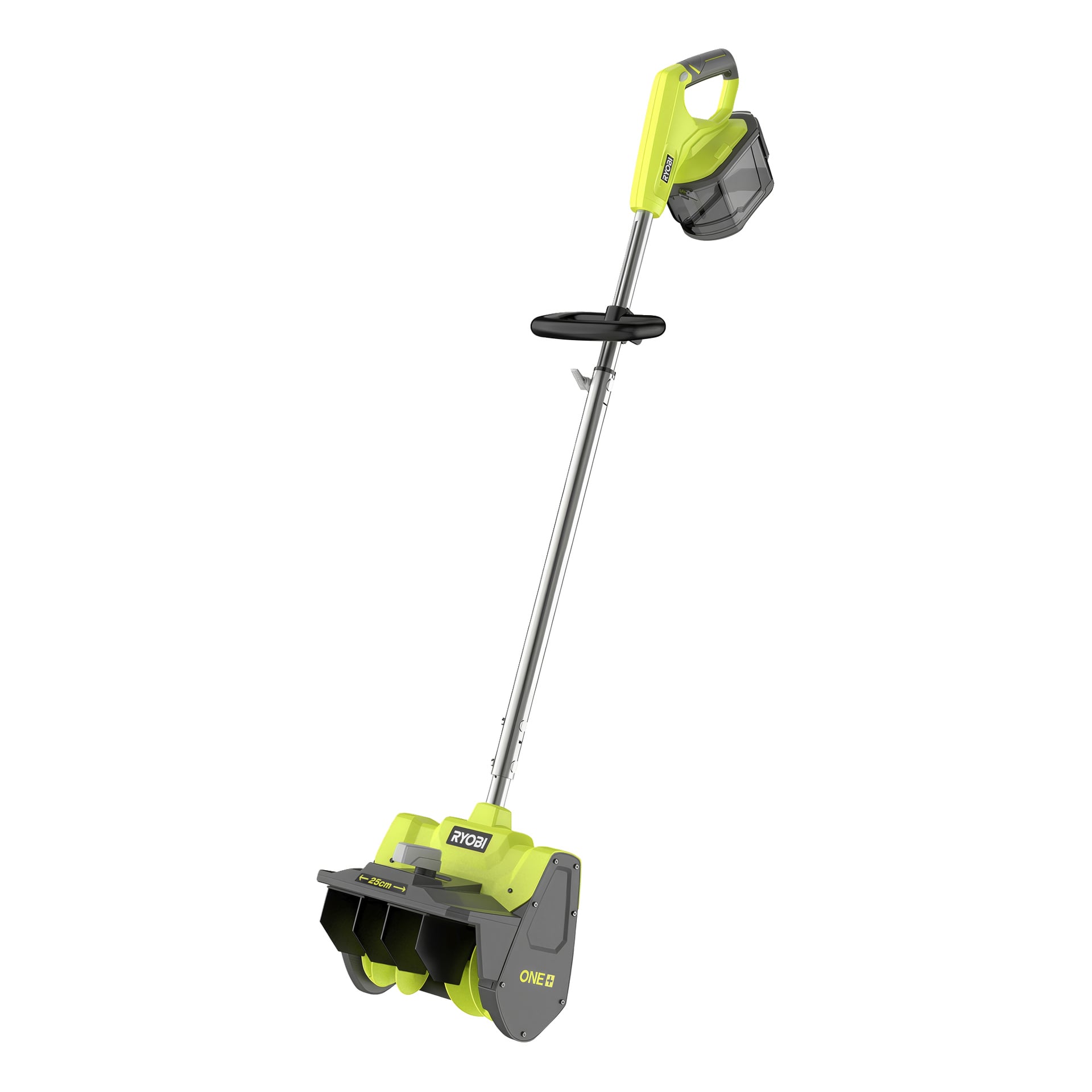 Ryobi trådløs elektrisk snøskovl i grønt og grått, med håndtak, avtrekker, støttegrep, batterispor og to snegleblader.