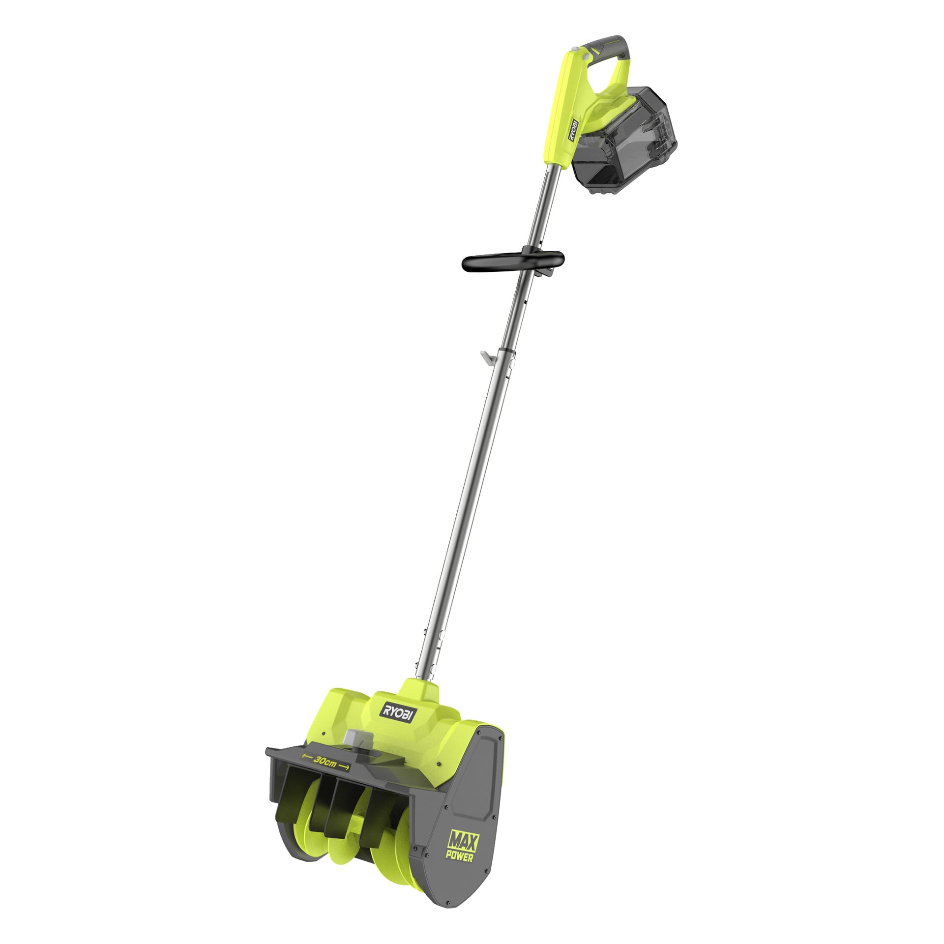 Ryobi sladdlös snöskyffel i gult och grått med långt handtag, svart grepp, genomskinlig batterilåda och snurrande blad vid basen.