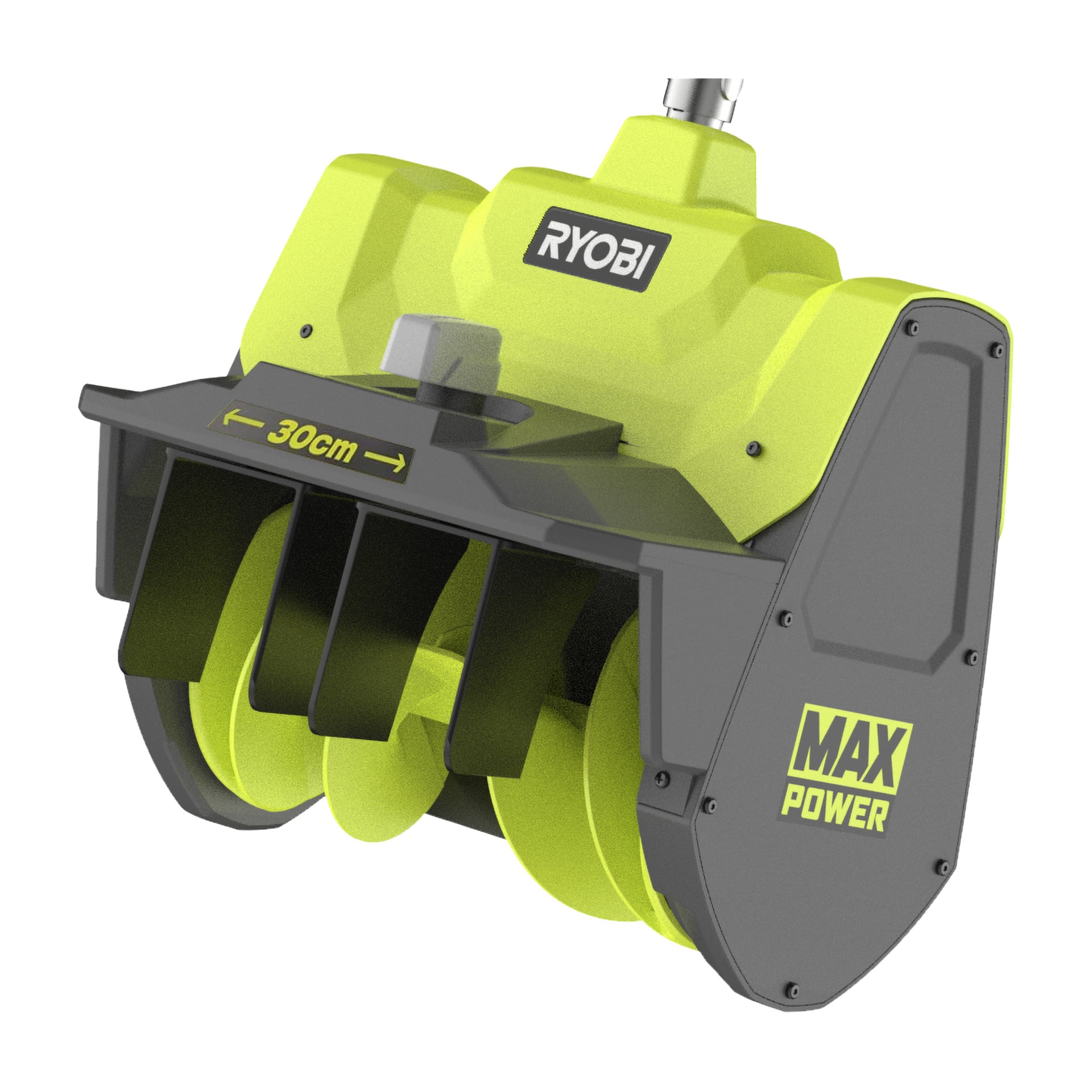 Närbild på ett Ryobi-snöslungstillbehör med två gröna skruvar, grått hölje markerat 30 cm och MAX EFFEKT på sidan.