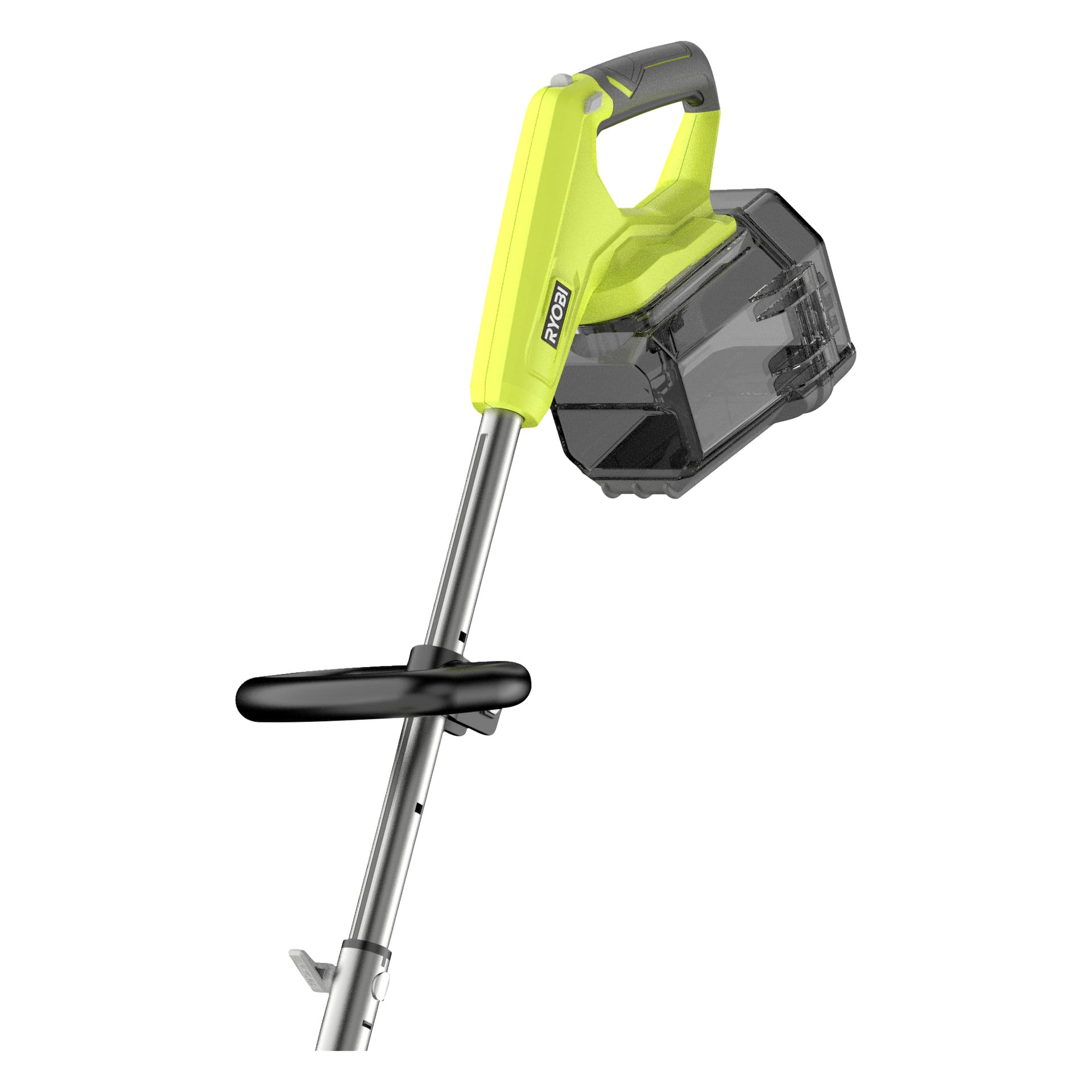 Närbild på ett Ryobi trådlöst verktyg med handtag, avtryckare och genomskinligt batterifack på en metallstång.