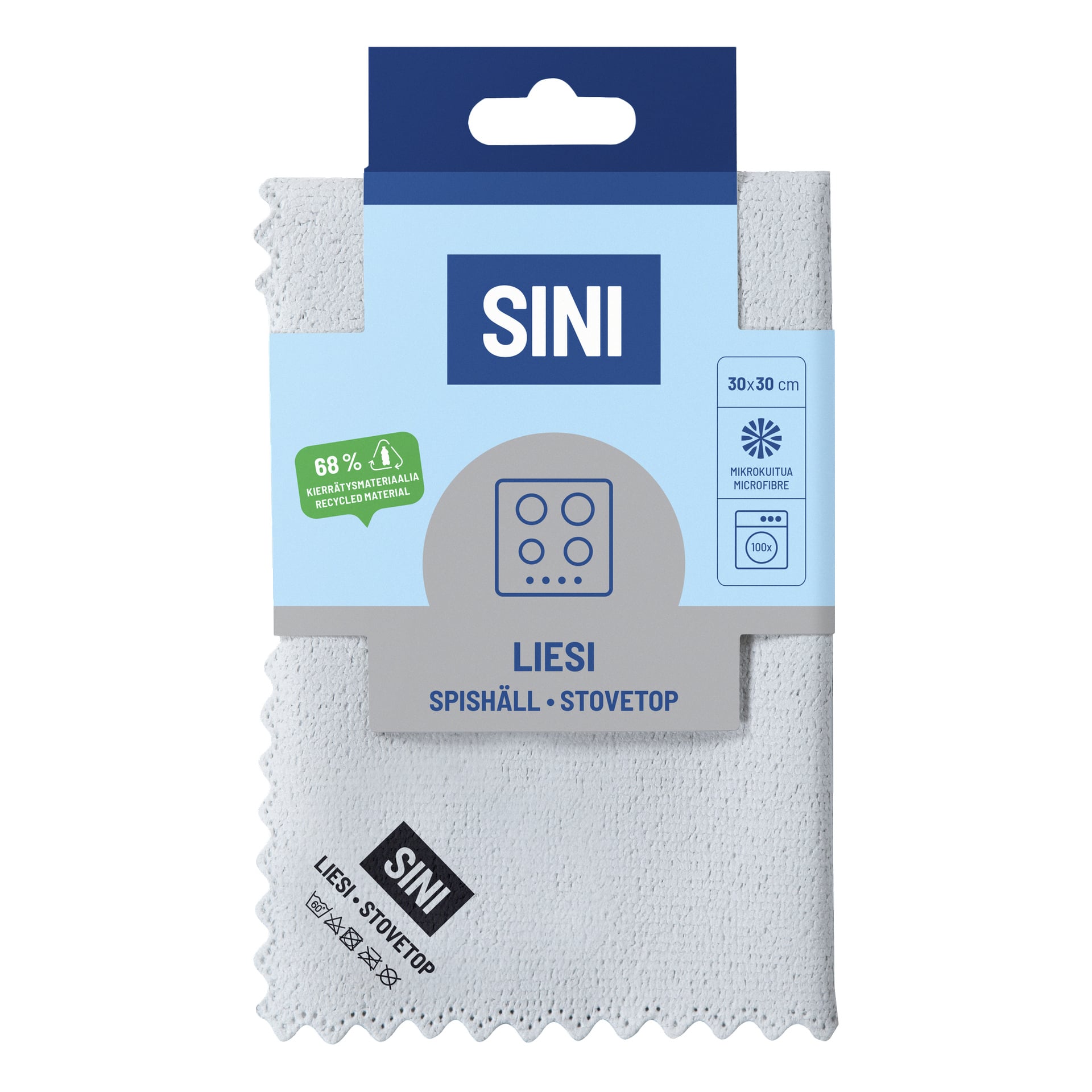 Pakket hvitt mikrofiberstoff med etiketten "SINI Liesi Spishäll Stovetop", 30x30 cm, 68 % resirkulert, for komfyrer.