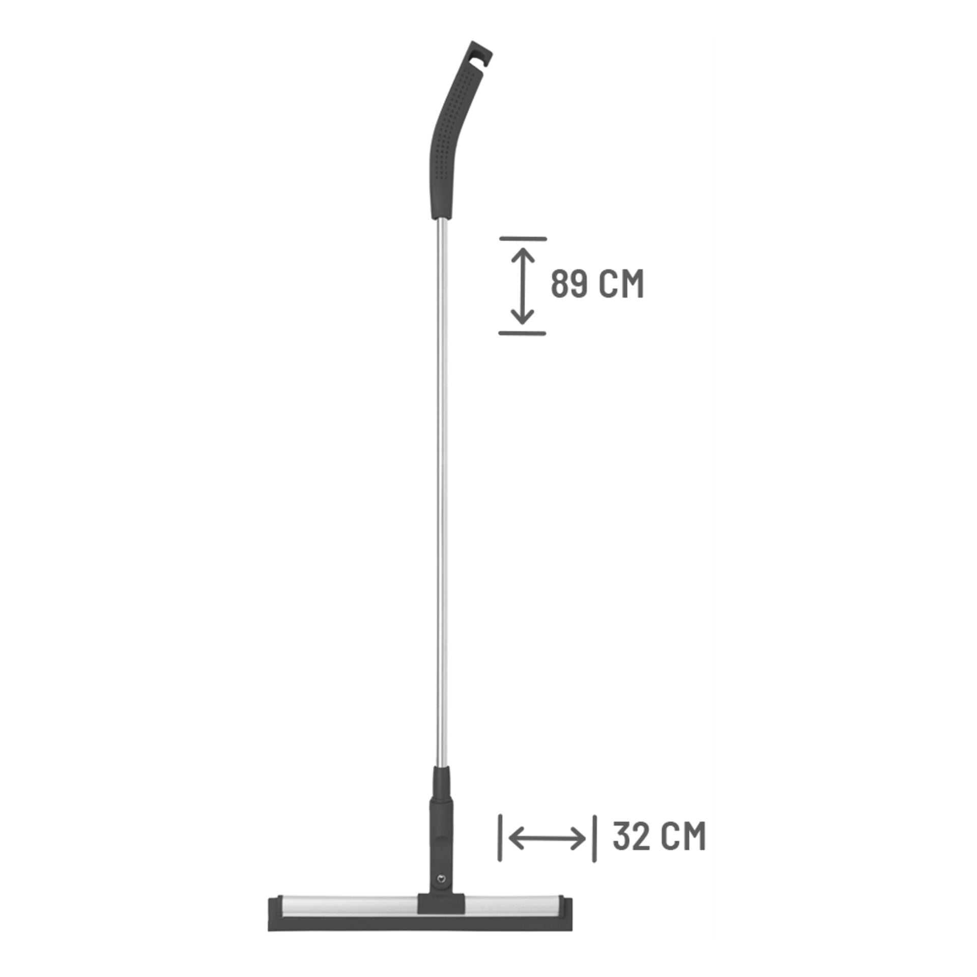 Squeegee, jossa oli 89 cm pitkä kahva ja 32 cm leveä terä, ja jonka mitat oli selkeästi merkitty.