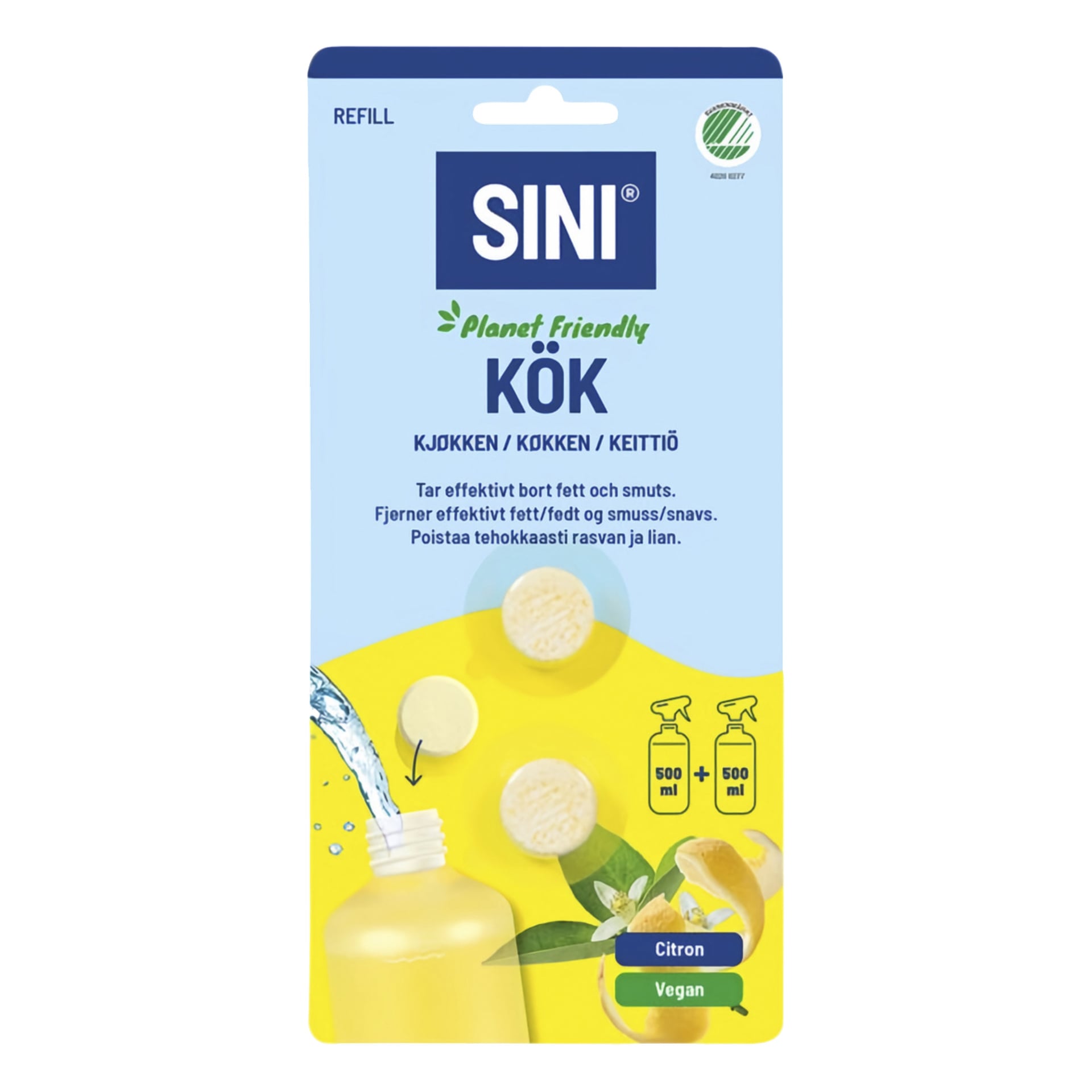 Blå och gul "SINI Planet Friendly KÖK"-förpackning med citronskivor, upplösningstabletter, flaskikon; Vegansk citronpåfyllningsrengörare.
