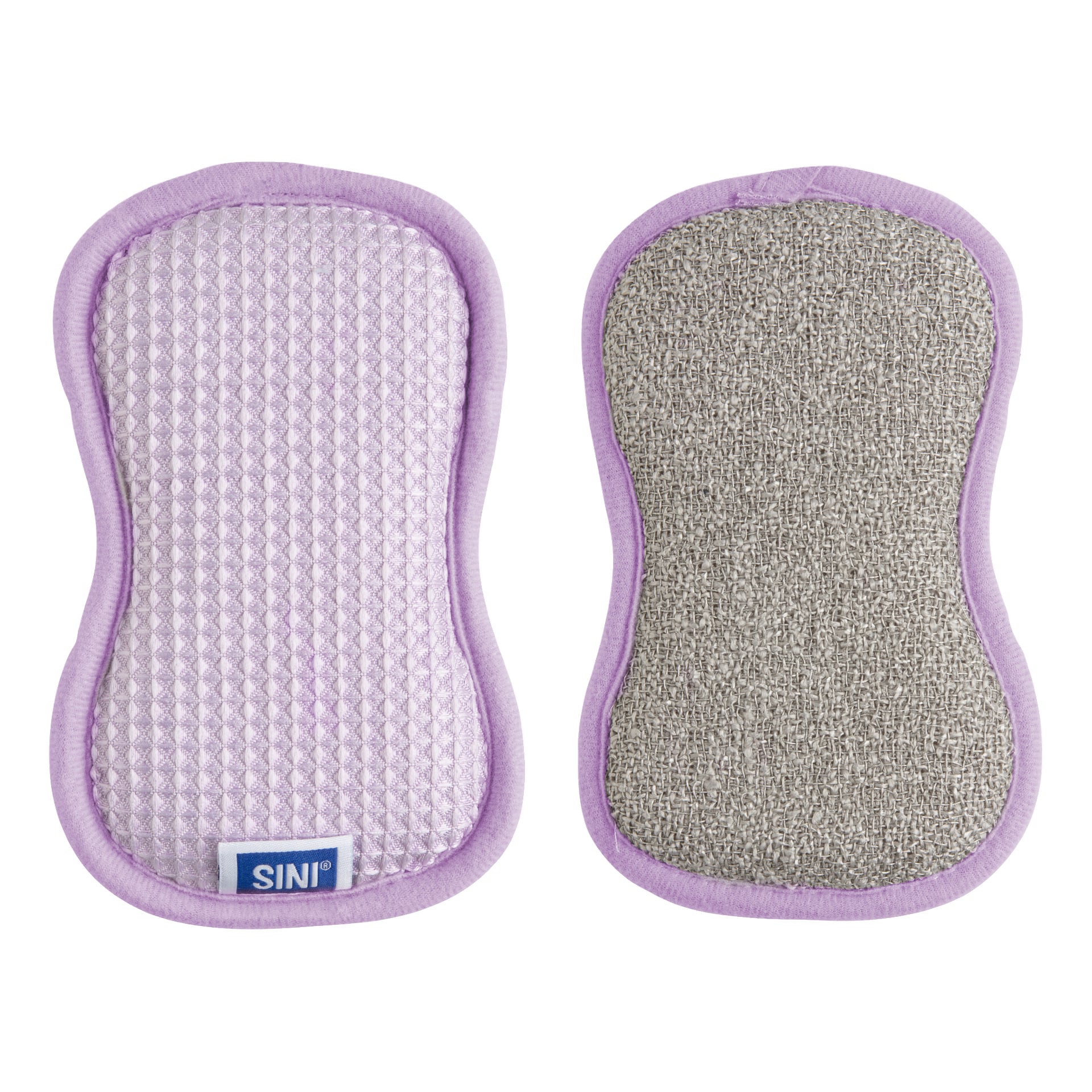 Pari violettireunaisia sieniä; toinen puoli on vaaleanvioletti, jossa on timanttikuvio ja sininen SINI-etiketti, toinen puoli on harmaa ja karkea.