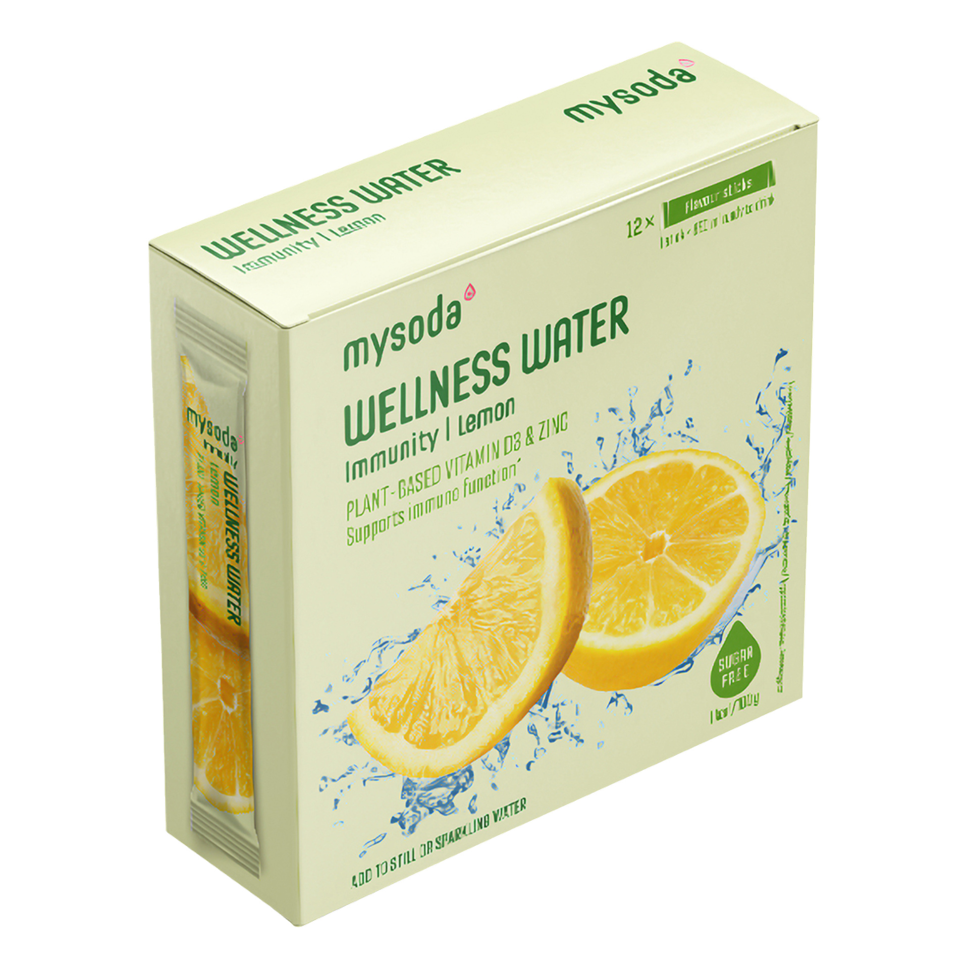 Mysoda Wellness Water sitronsmak-staver med immunitetsetikett, plantebasert vitamin D3, sink, sitronbilder og sukkerfri informasjon.