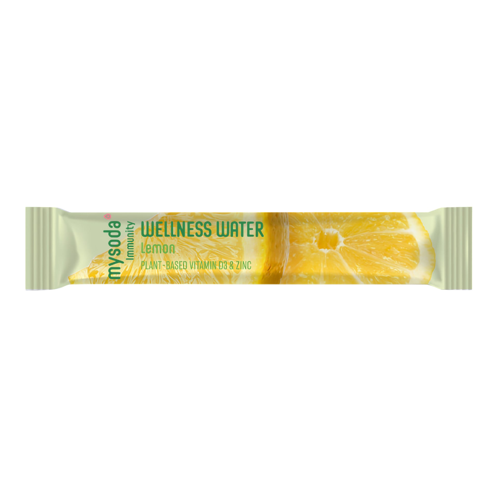 En rektangulær mysoda Immunity WELLNESS WATER sitronpakke, dekorert med sitronskiver, noterer plantebasert vitamin D3 og sink.