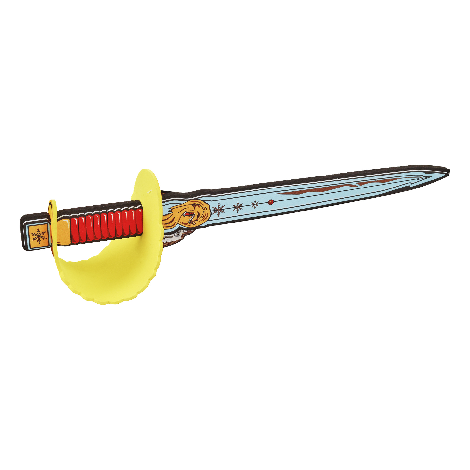 Robetoys Foam Pirate Sword, jossa on keltainen suoja, musta ja punainen kahva sekä sininen terä, jossa on leijonakuvio sekä lumihiutalekuvioita. Valmistettu vaahtomuovista turvallisen pelaamisen takaamiseksi.