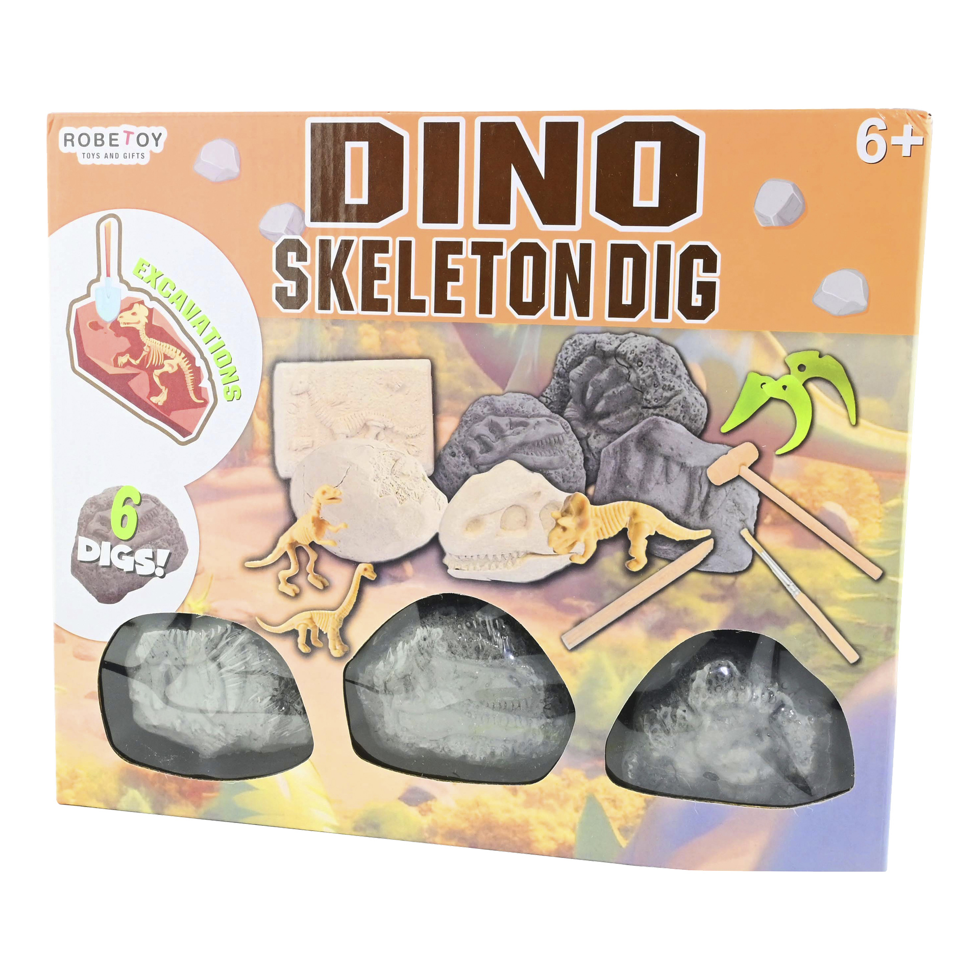 Dino Skeleton Dig-leksaksset för 6+ år, inkluderar verktyg, dinosaurieskelett och sex grävkit. Lådan visar leksaksdelar och grävsteg.