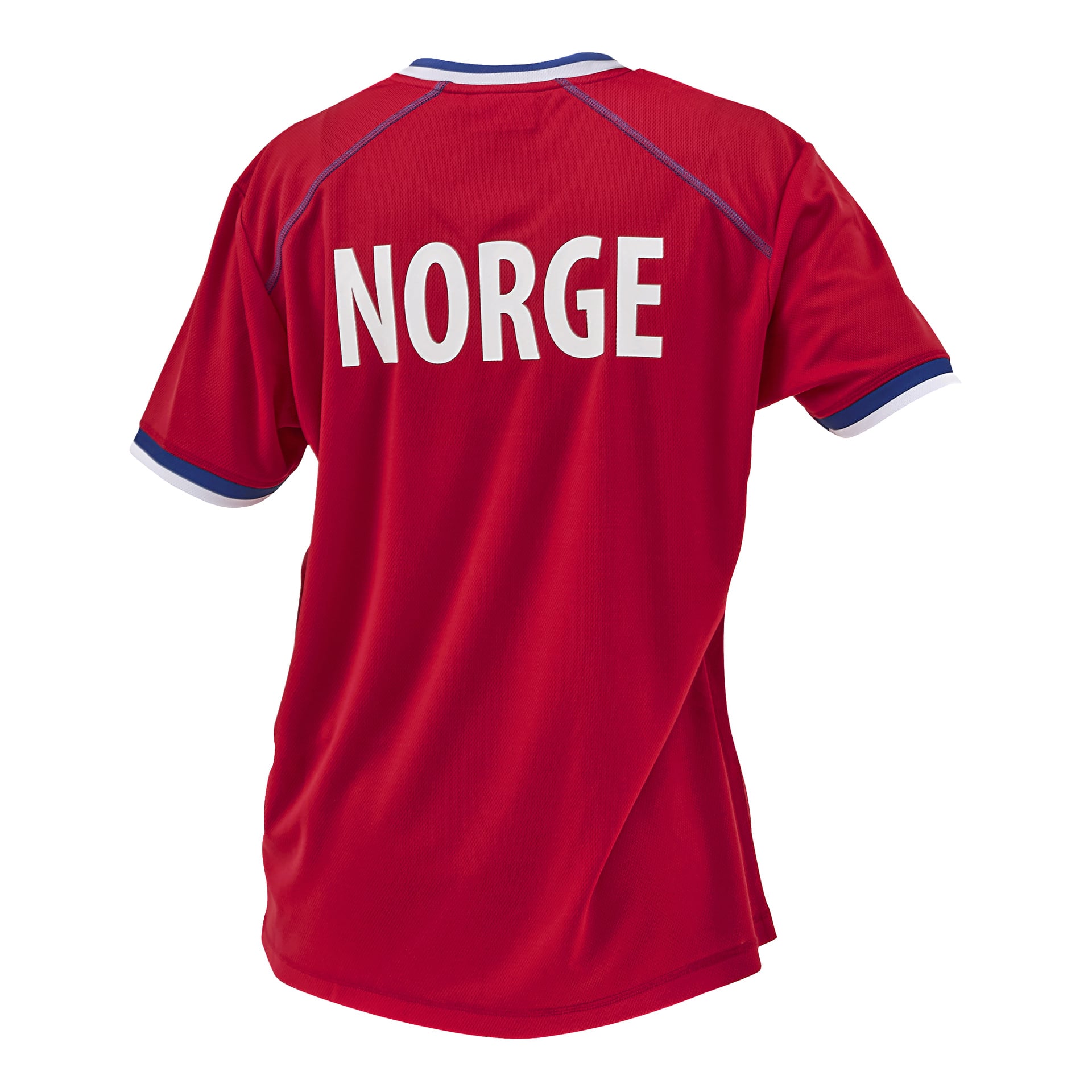 Rød sportsdrakt sett bakfra, med "NORGE" i store hvite bokstaver over skuldrene og blåhvite kanter på krage og ermer.