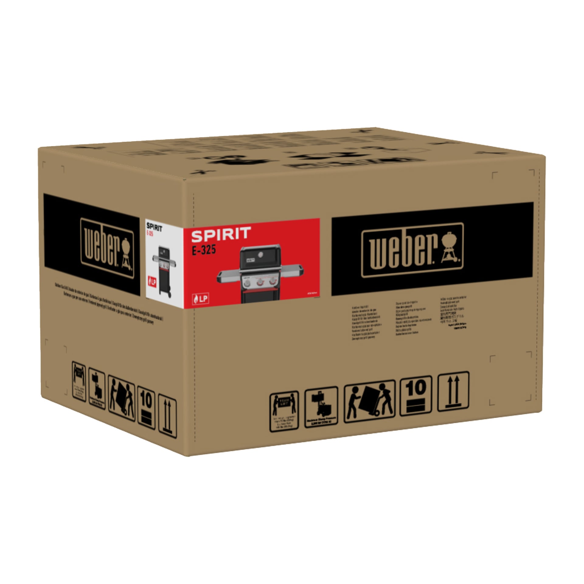 En brun kartong har Weber-logotypen, en etikett för Spirit E-325 LP-gasgrillen samt tryckta hanteringsskyltar och detaljer.