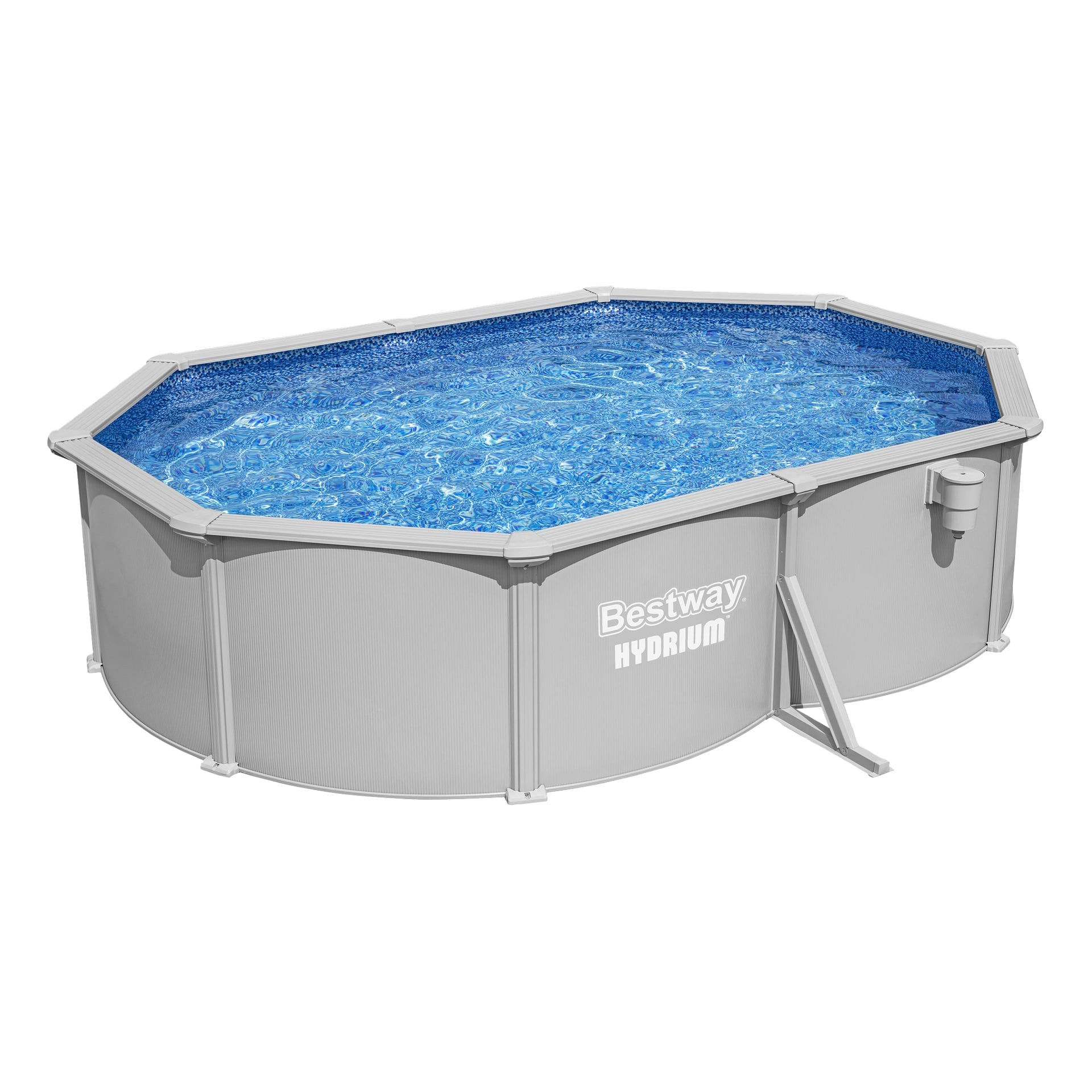 En grå oval ovanjordisk pool märkt Bestway Hydrium, fylld med klart blått vatten, har en metallram och en extern filterenhet.