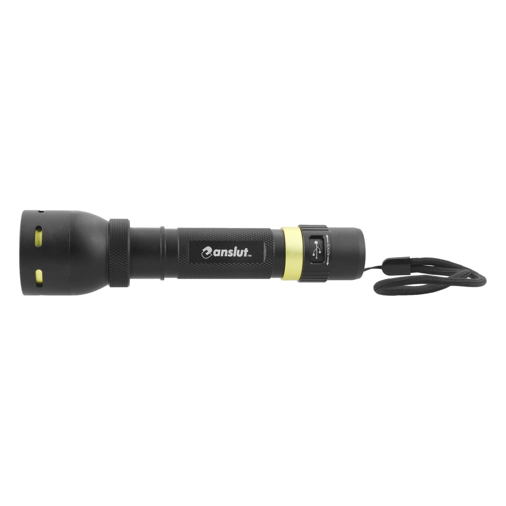 En svart och gul Anslut-ficklampa med ett texturerat grepp, handledsrem och märkt sidoströmknapp, som visades horisontellt.