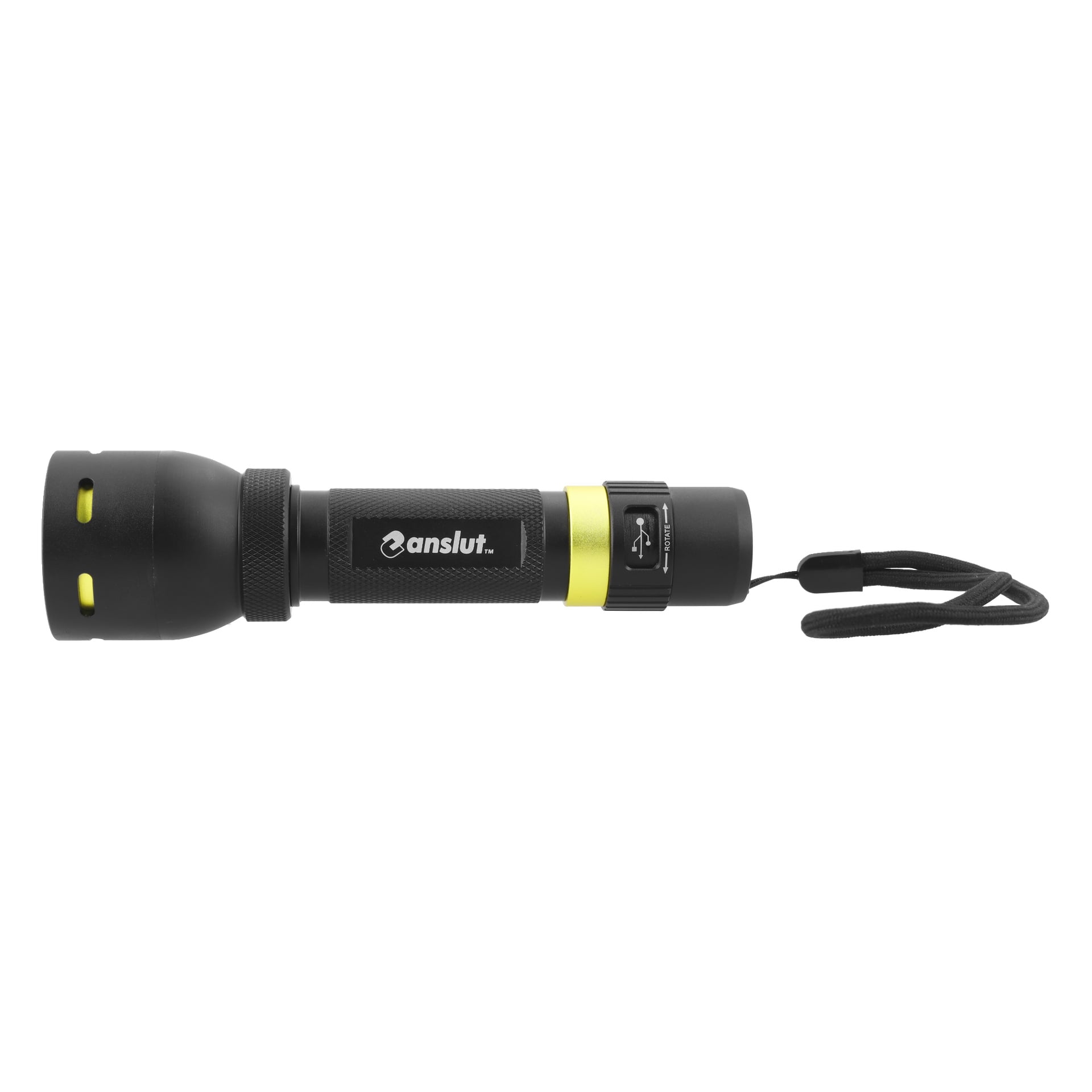 Svart och gul ficklampa med texturerat grepp, handledsrem, sidoströmbrytare och "Anslut" tryckt på kroppen.
