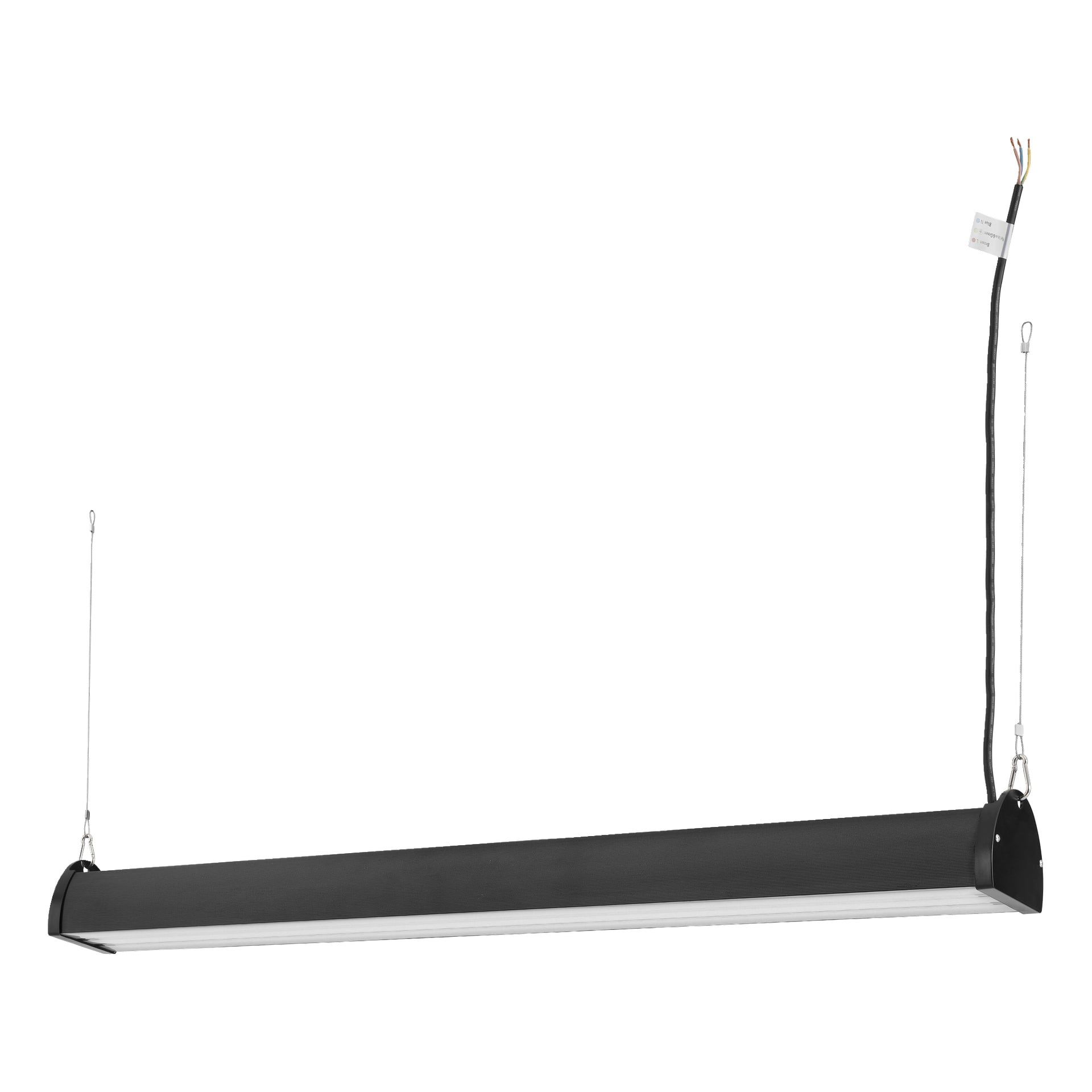 En svart rektangulær LED-lampe henger fra to slanke ledninger, med strømkabler synlige i den ene enden.