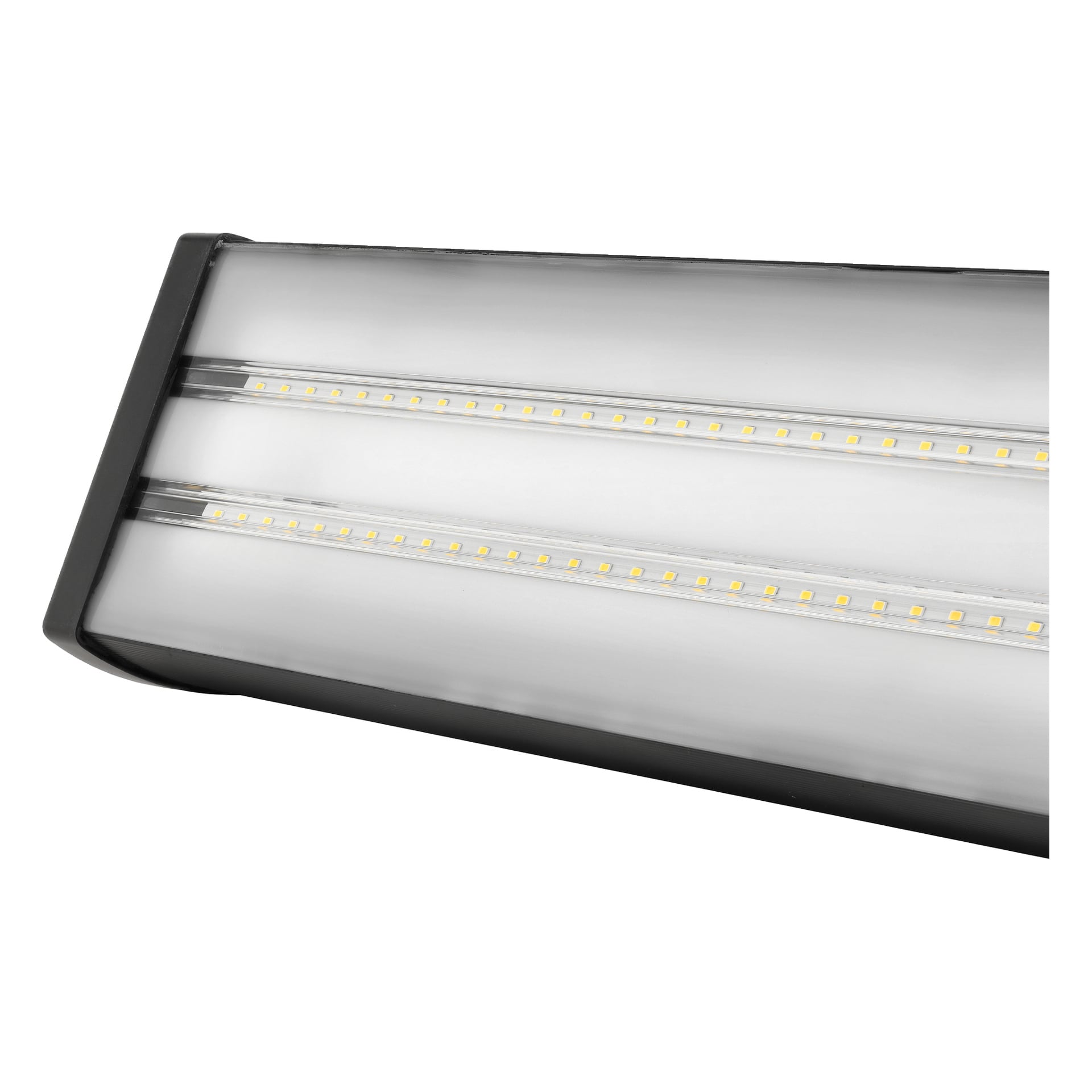 Rektangulær LED-lampe med to rader små gule pærer inne i et slankt svart og sølvfarget kabinett, vist på nært hold.