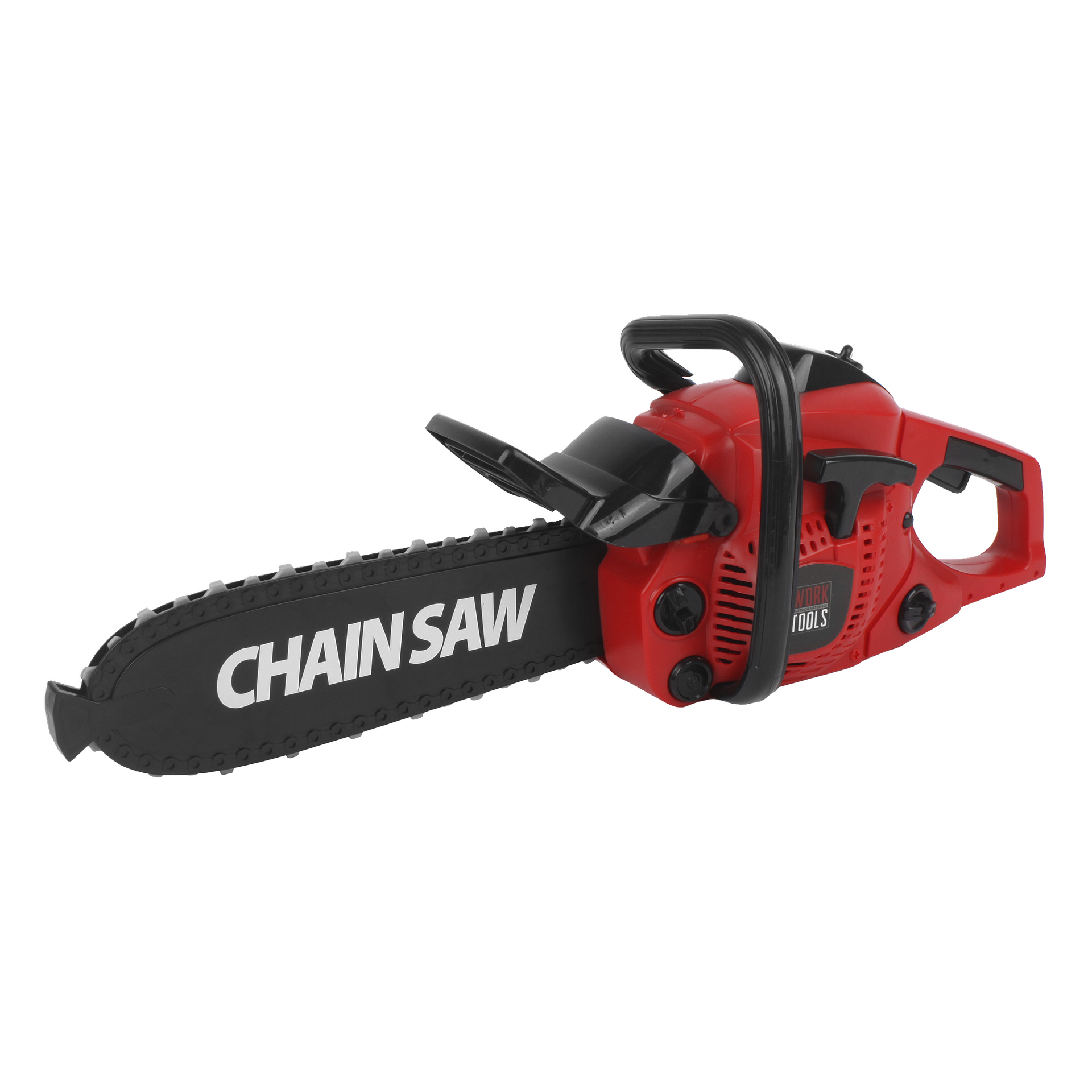 Punamusta moottorisaha, jossa lukee "CHAIN SAW" terässä. Kahva ja turvasuojus näkyvät selvästi.
