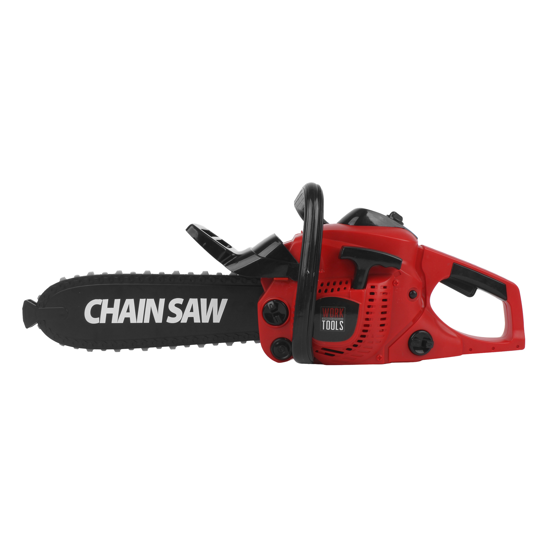 Eine rot-schwarze Kettensäge mit "CHAINSAW" auf der Klinge, mit Griff, Abzug und schwarzem Schutzschutz.