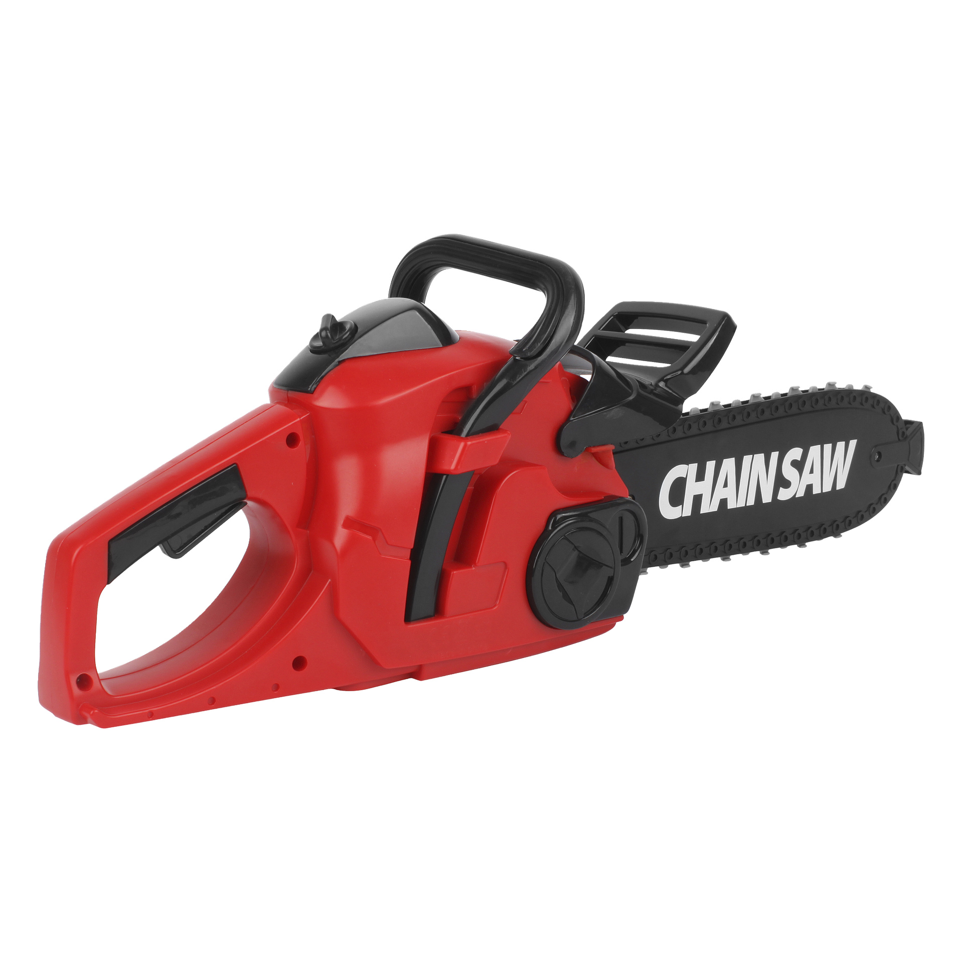 Eine rot-schwarze Plastik-Spielzeug-Kettensäge mit Griff und "CHAINSAW" in weißer Schrift auf dem Blatt, die eine echte Säge nachahmen soll.