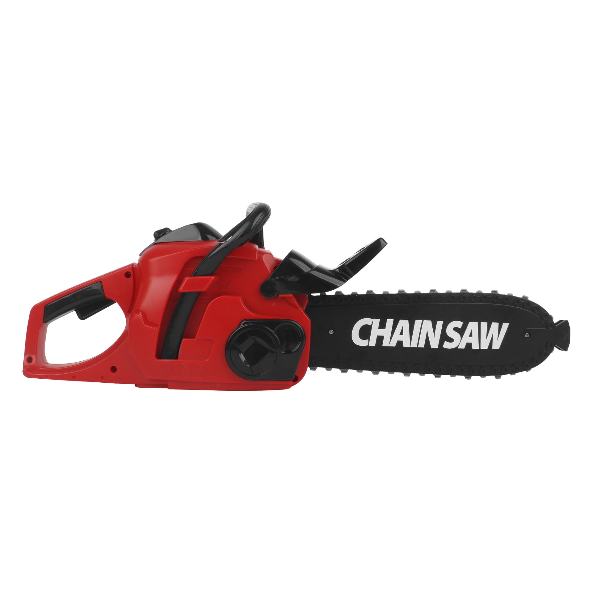 Punamusta moottorisaha, jossa oli kahva ja musta terä, jossa oli valkoisin kirjaimin sana CHAINSAW.