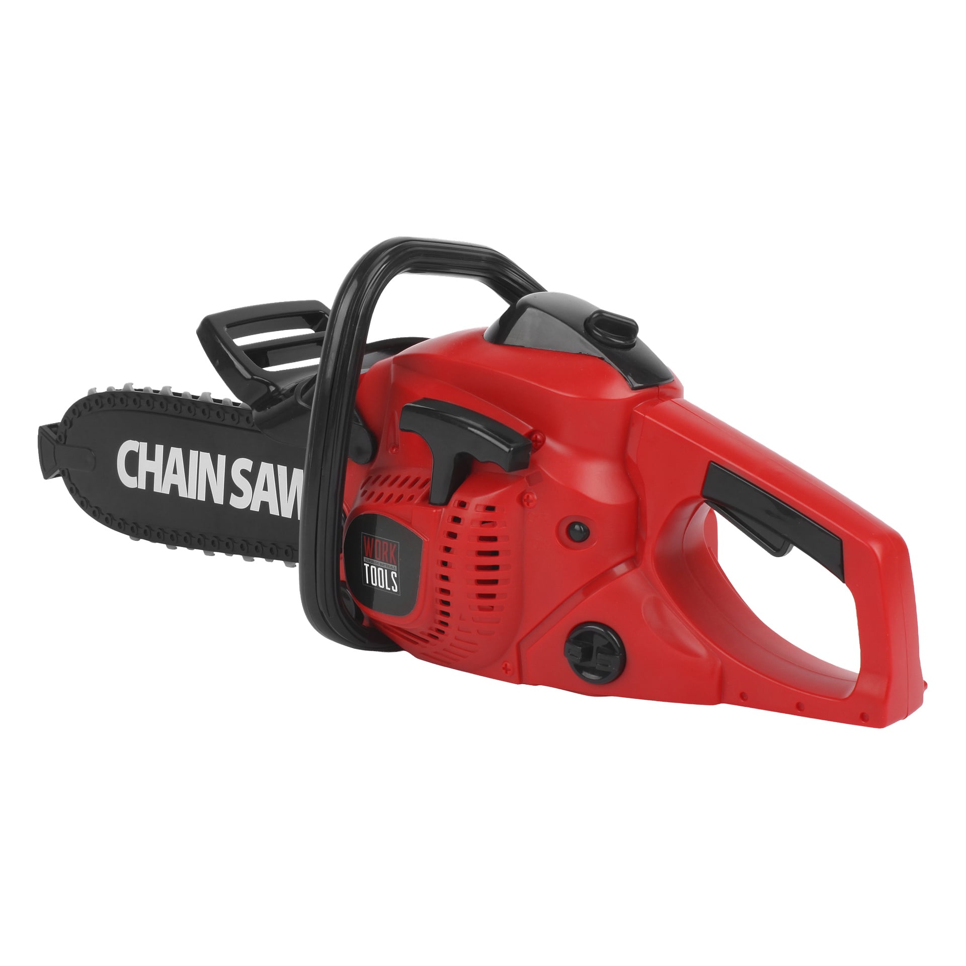 Punamusta moottorisaha, jossa on iso kahva, näkyvä liipaisin, terässä "CHAIN SAW", tuuletusaukot ja "TOOLS"-merkintä rungossa.