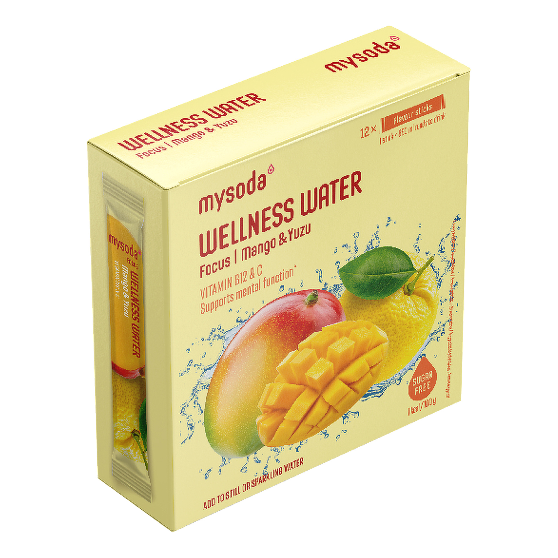 Gul Mysoda Wellness Water Focus Mango & Yuzu-boks med mango- og yuzu-bilder, som fremhever vitaminene B12, C, sukkerfritt og for alt vann.