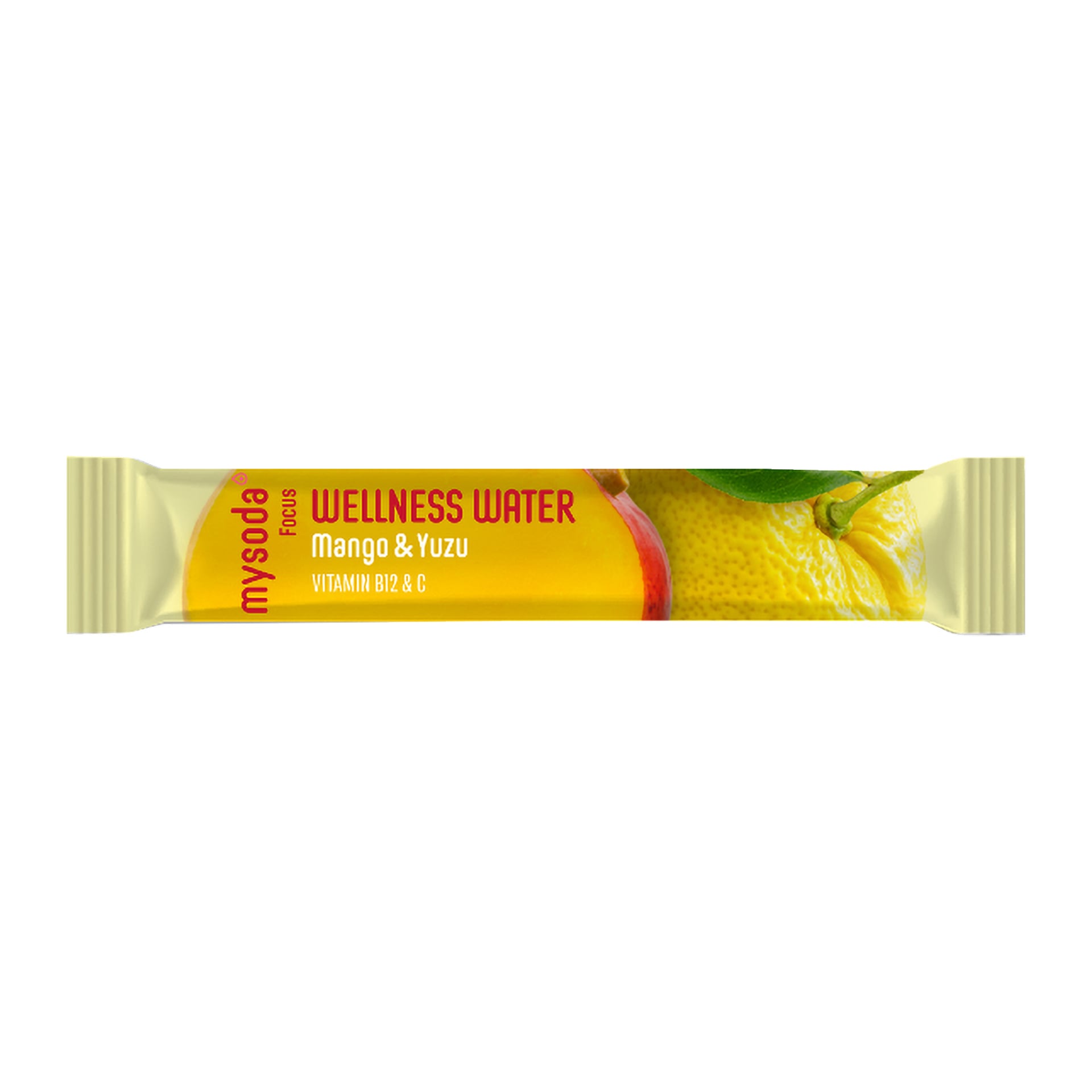 En gul mysoda Focus Wellness Water Mango & Yuzu-pakke med mango- og yuzu-bilder, samt vitamin B12 og C oppført.