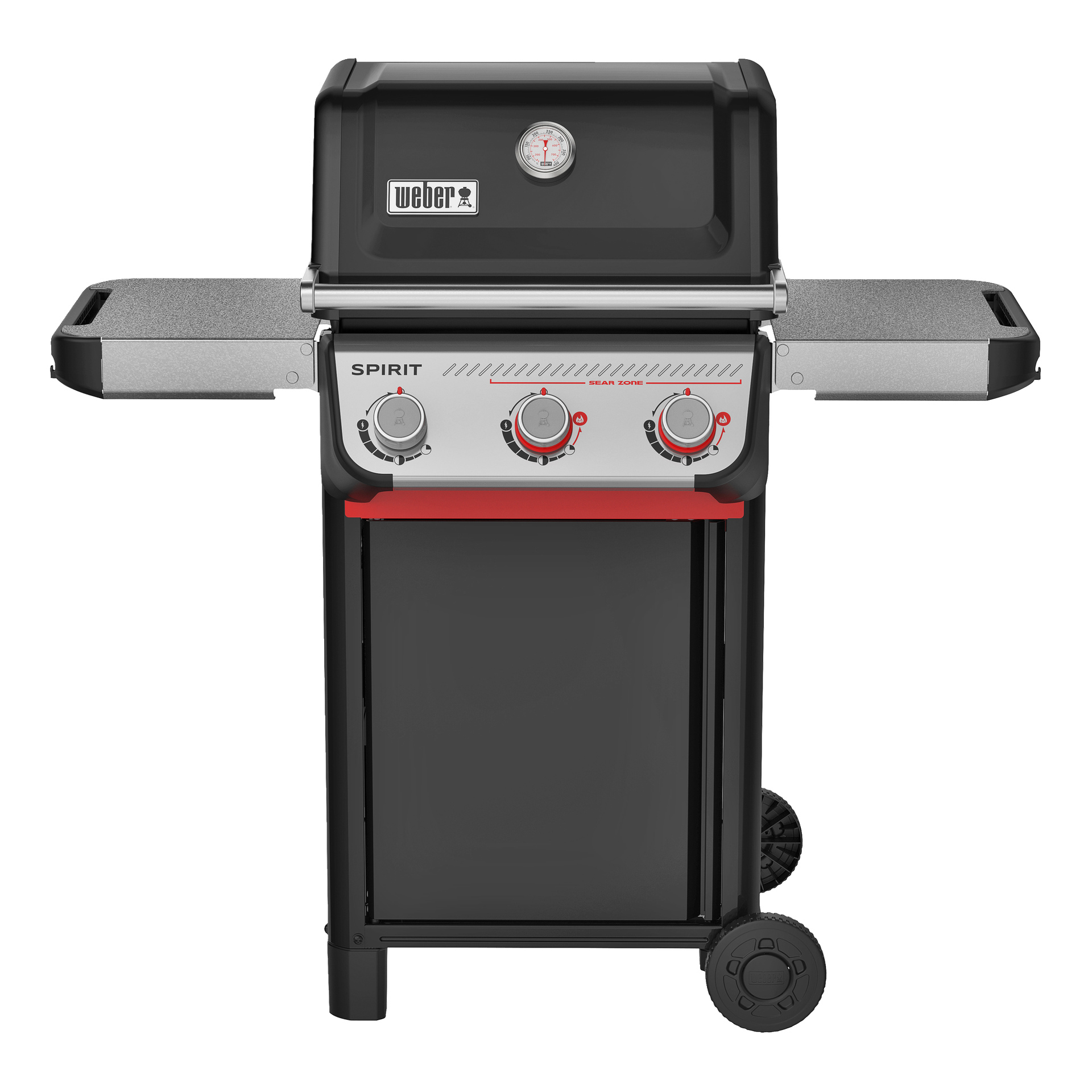 Svart och silverfärgad Weber Spirit gasgrill med tre rattar, två sidohyllor, locktemperaturmätare och två hjul för enkel rörelse.