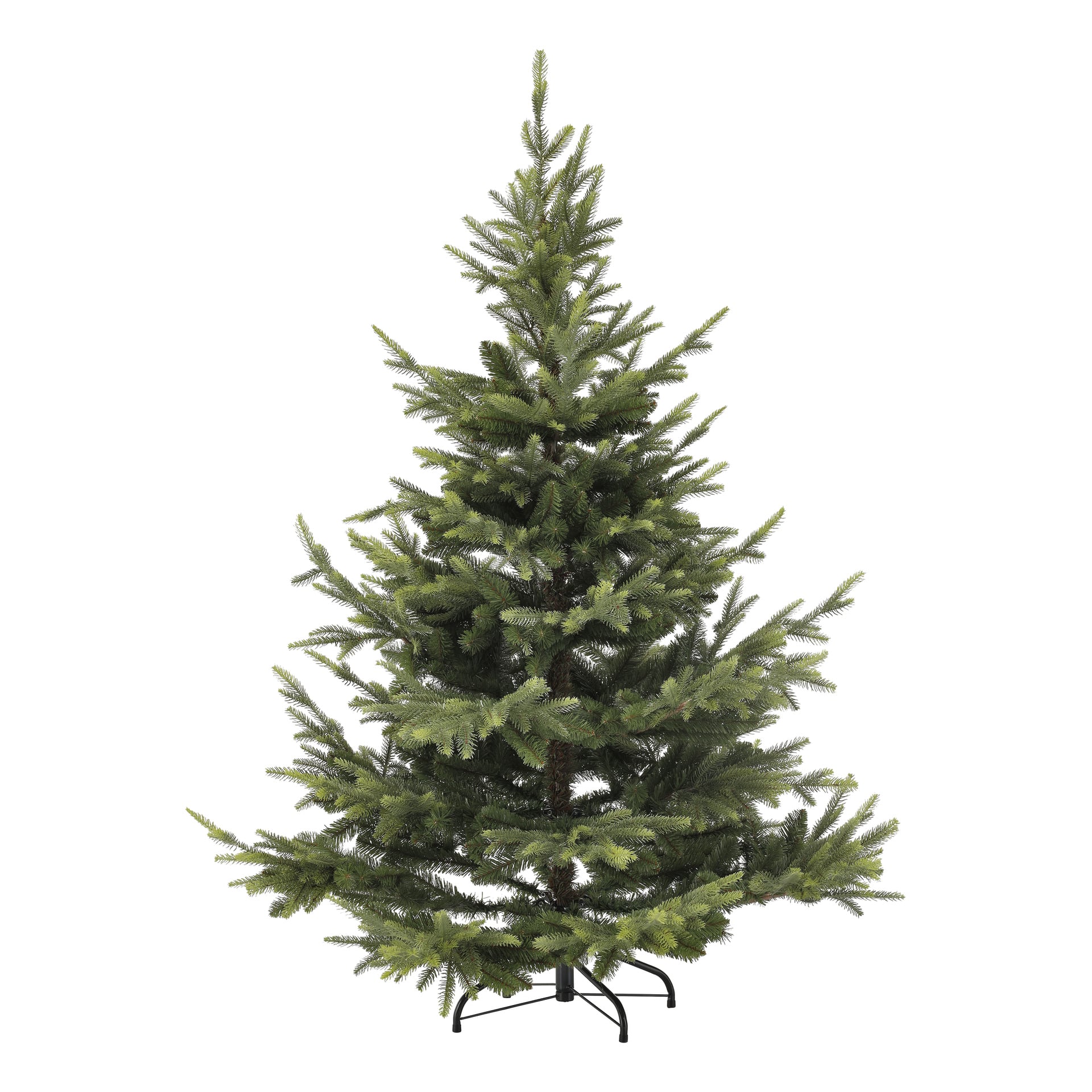 En frodig grön konstgjord julgran med fulla grenar står på en svart metallsockel, helt odekorerad.