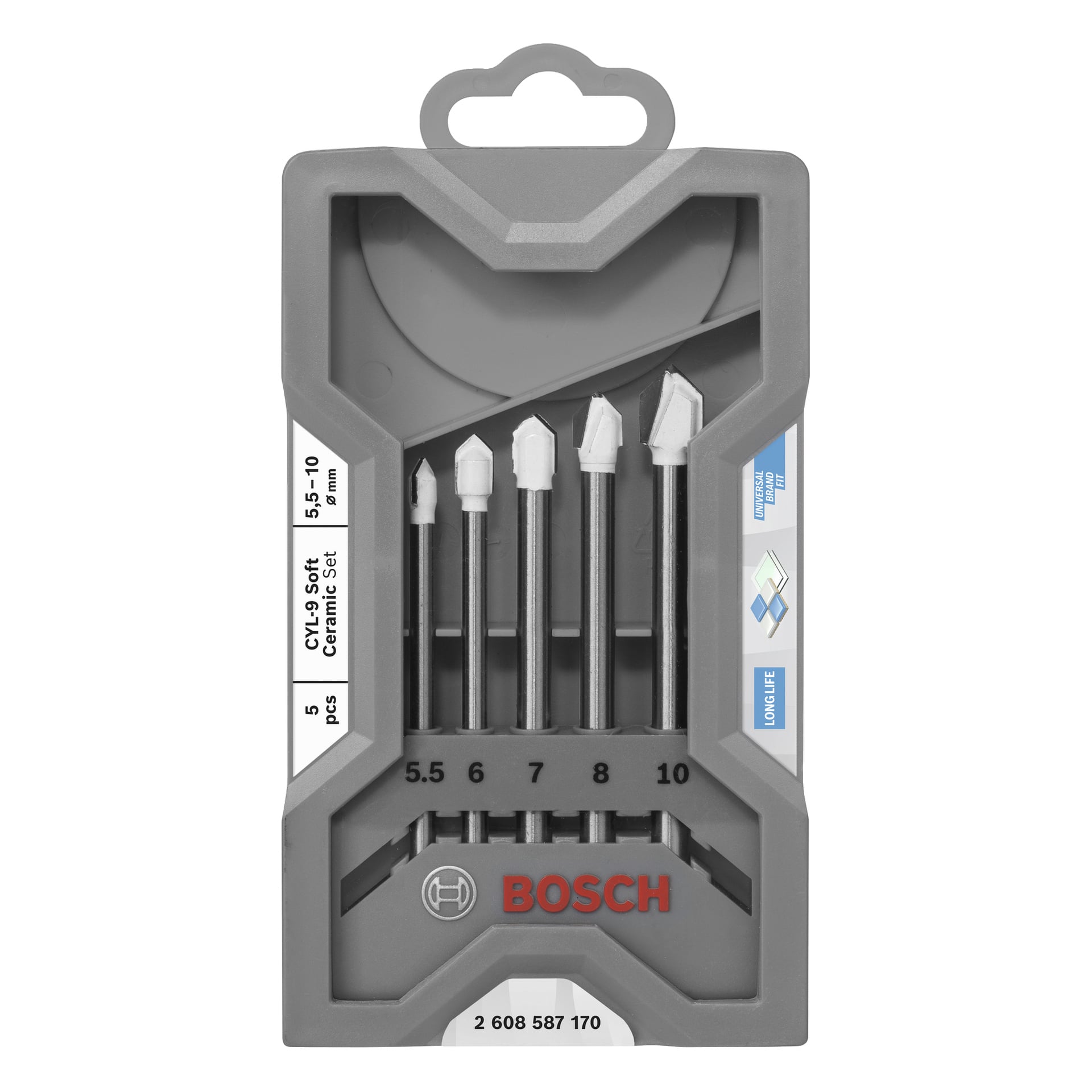 Bosch CYL-9 Soft Ceramic Set, jossa on viisi poranterää (5,5–10 mm) harmaassa kotelossa, kirkas etuosa, tuotetiedot pakkauksessa.