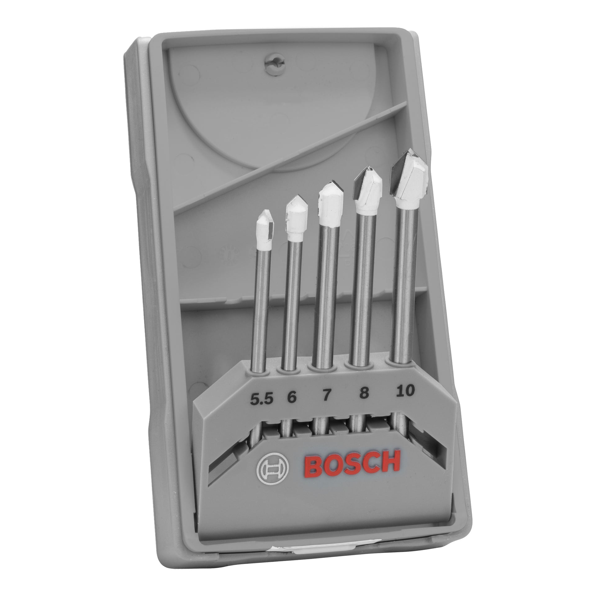 Bosch-poranterä harmaassa kotelossa, jossa on viisi valkokärkistä terää, koot 5,5–10, järjestyksessä.