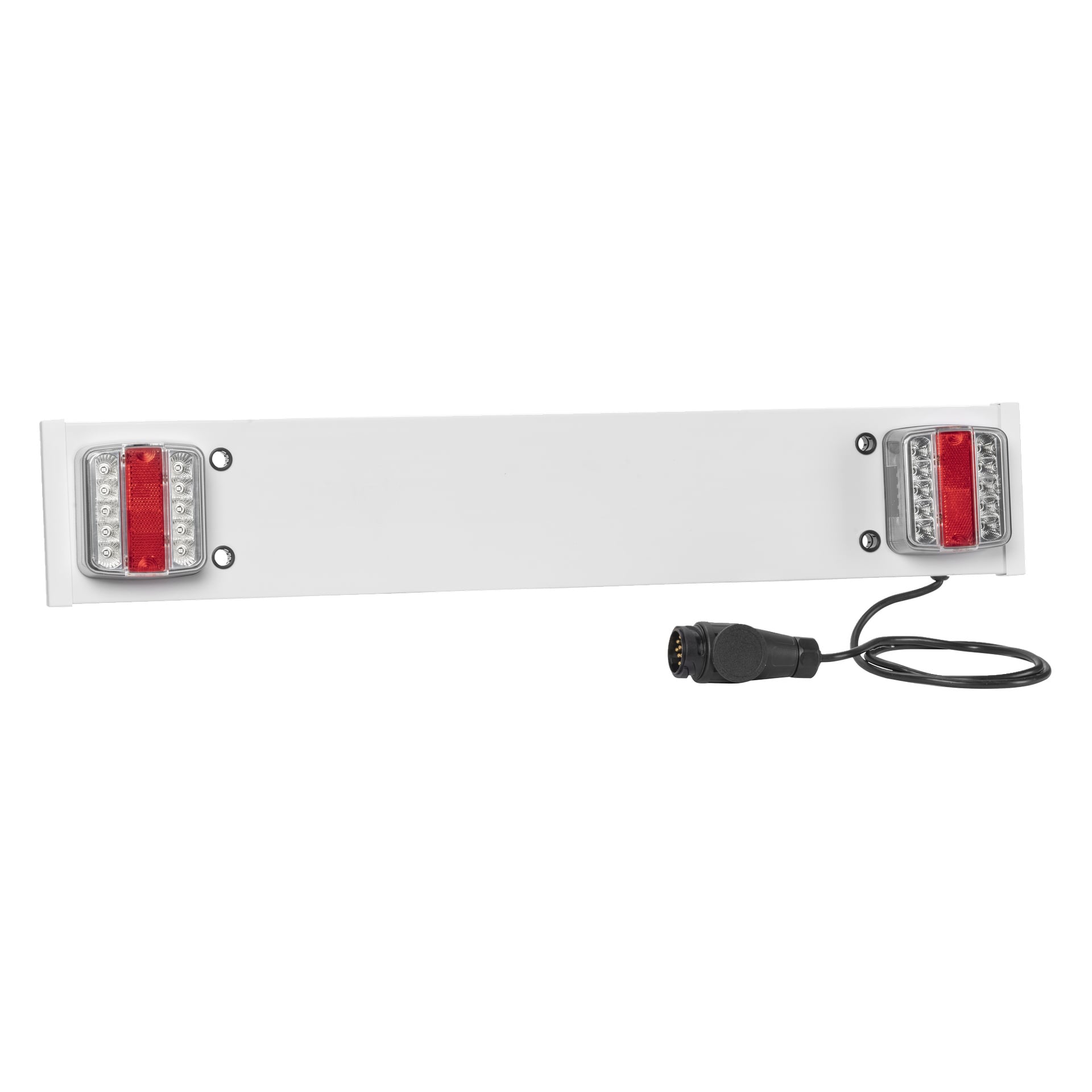 Rektangulär vit metallpanel med röda och vita LED-bakljus i varje ände, med svart kabel och rund flerstiftskontakt.