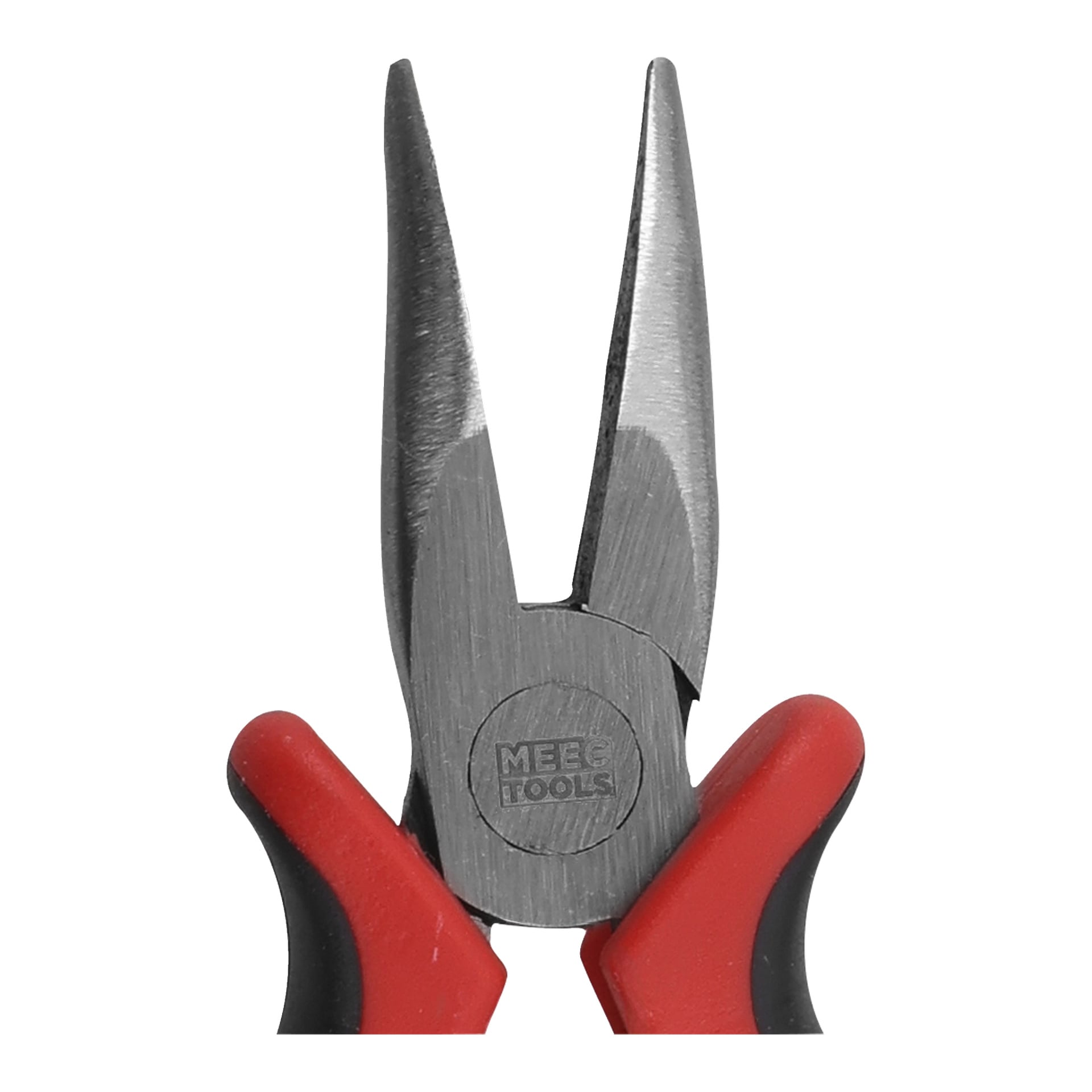 Nahaufnahme von teilweise geöffneten Nadelzangen mit roten und schwarzen Griffen, mit dem MEEG TOOLS-Logo auf der Metallverbindung.