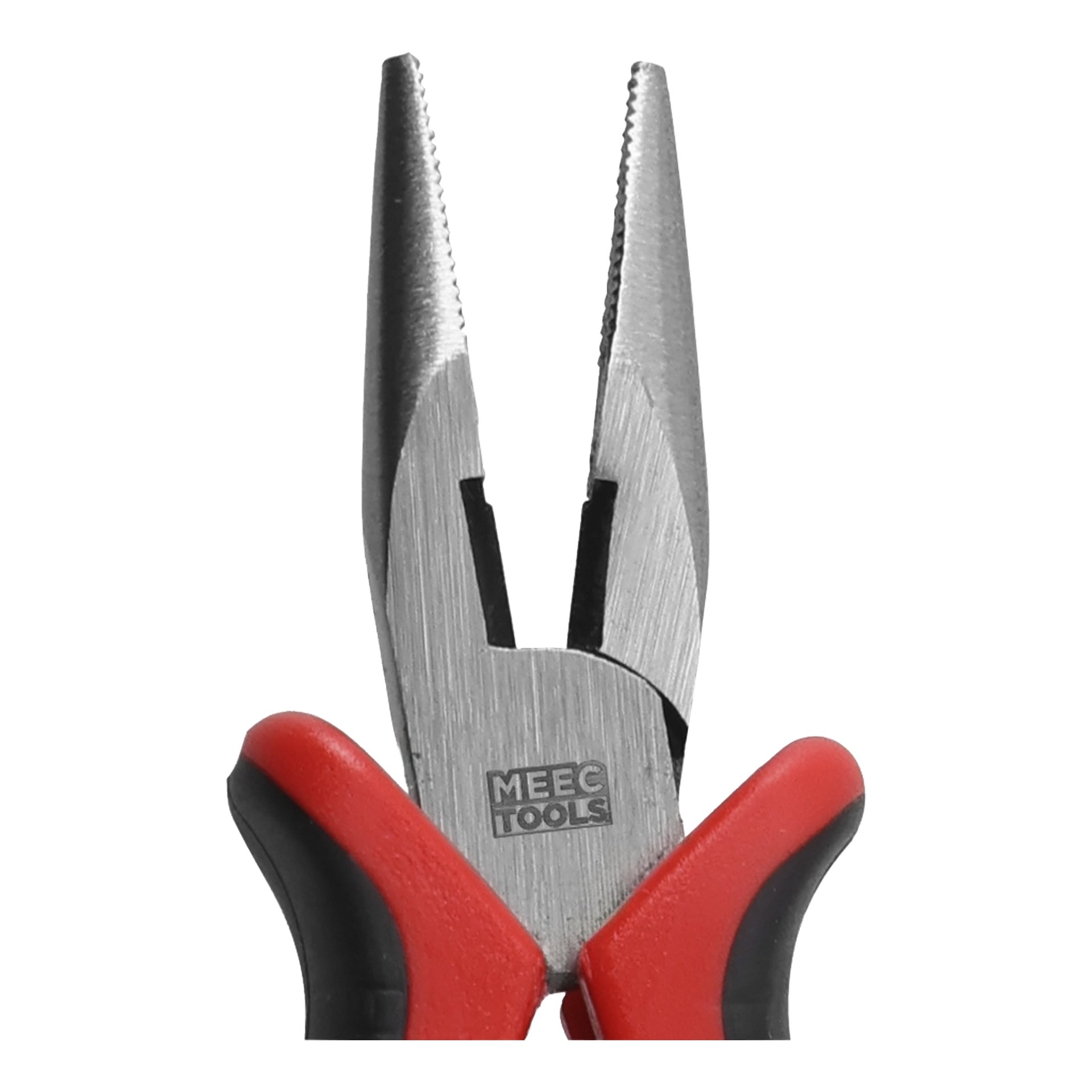 Nahaufnahme von Nadelzangen mit roten und schwarzen Griffen, mit dem Meec Tools-Logo auf dem Metallbereich.