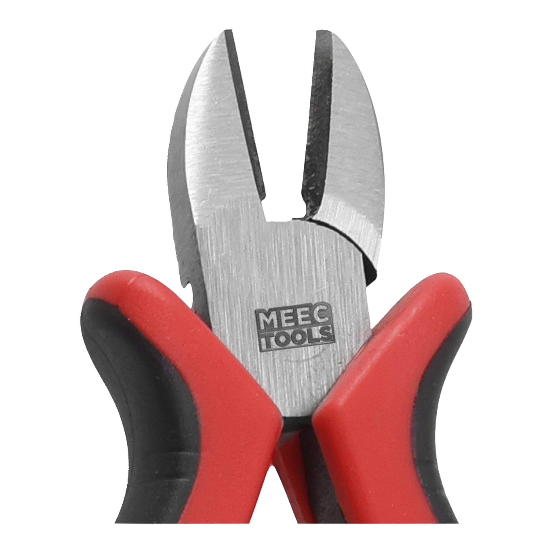 Nahaufnahme der MEEC TOOLS diagonalen Schneidezange mit roten und schwarzen Griffen und scharfen Metallkiefern.
