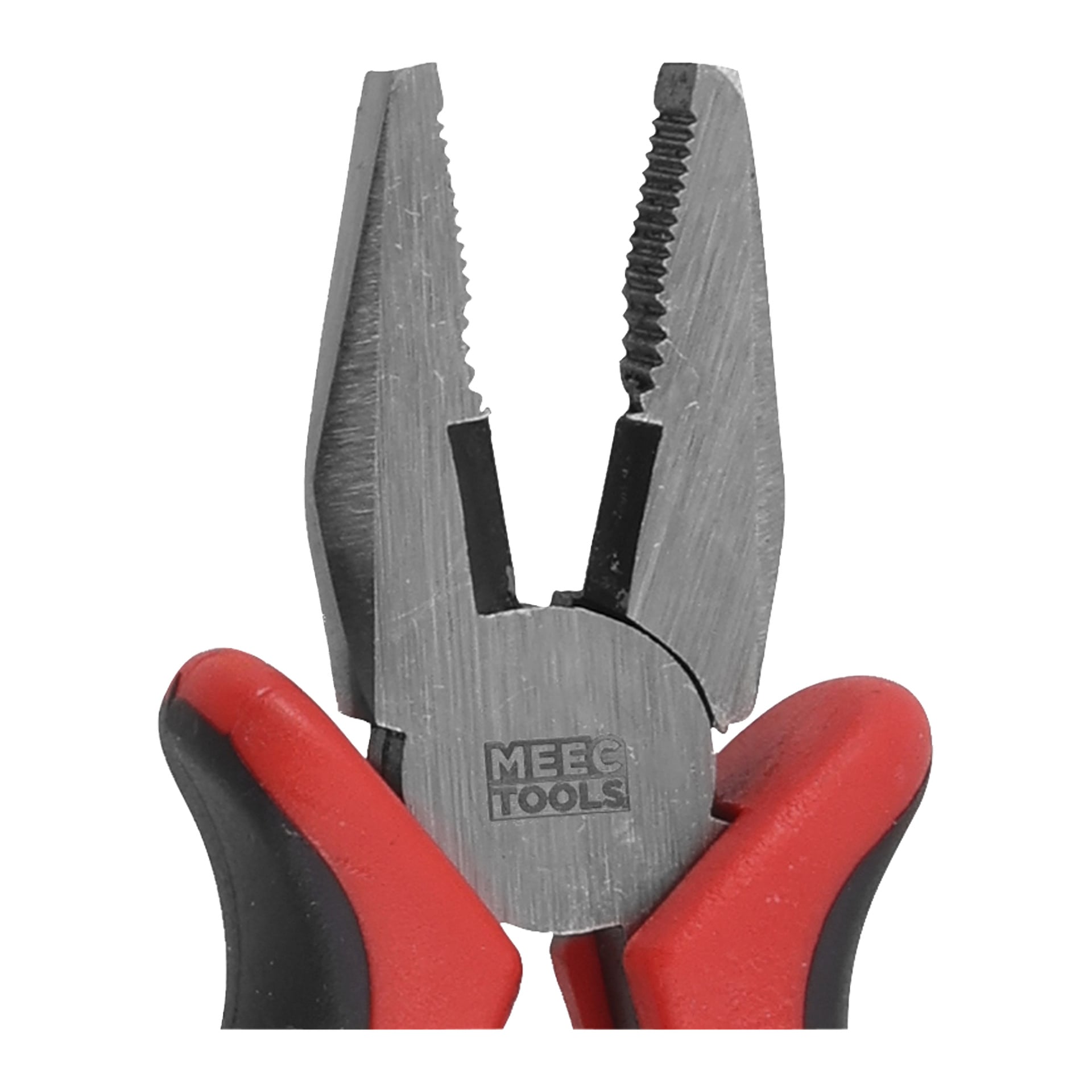 Metall-Kombinationszange mit roten und schwarzen Gummigriffen, geöffnet und zeigt gezackte Backen und das Meec Tools-Logo am Scharnier.
