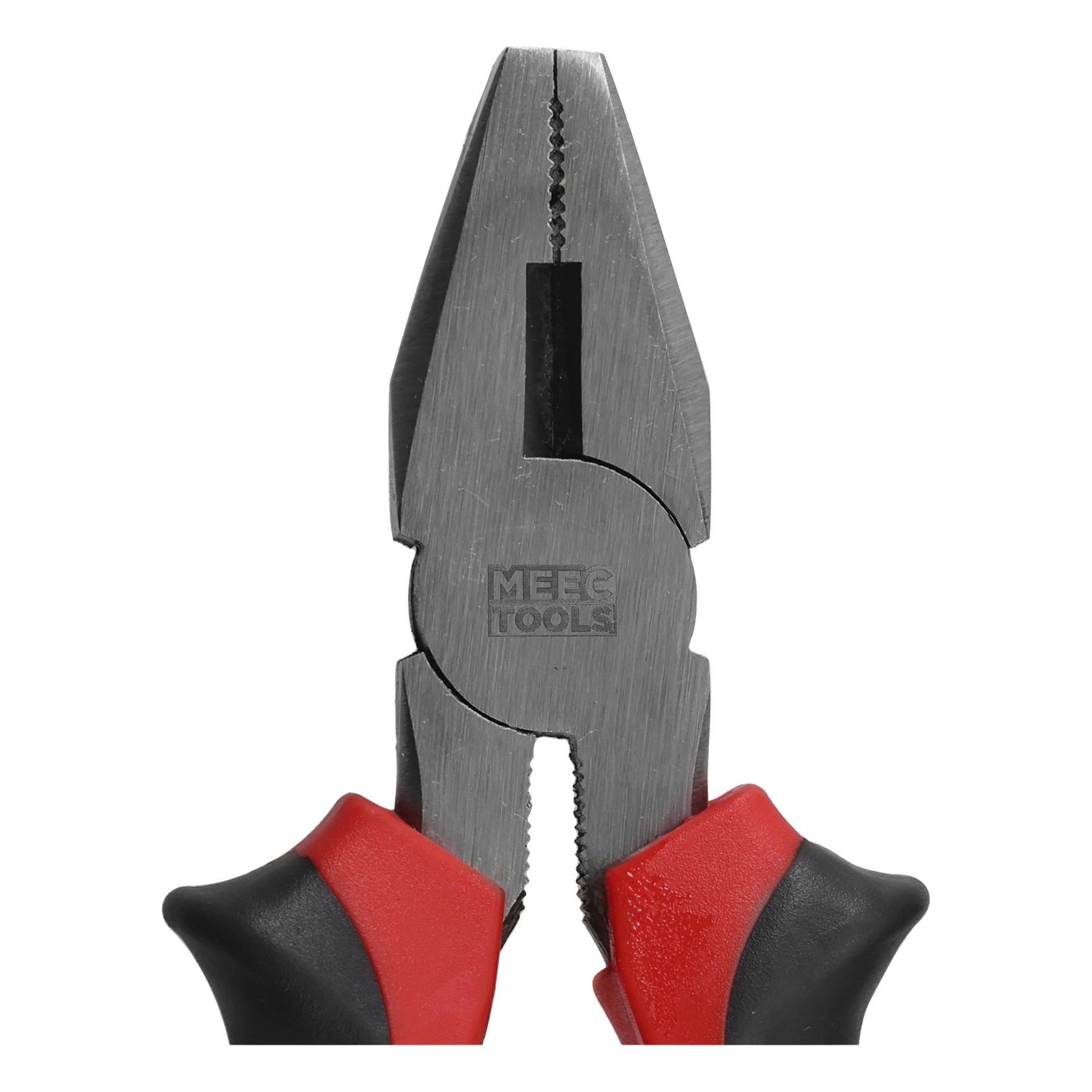 Nahaufnahme von Metallzangen mit roten und schwarzen Griffen, teilweise geöffneten Kiefern und "MEE TOOLS" auf der Drehkiste eingraviert.
