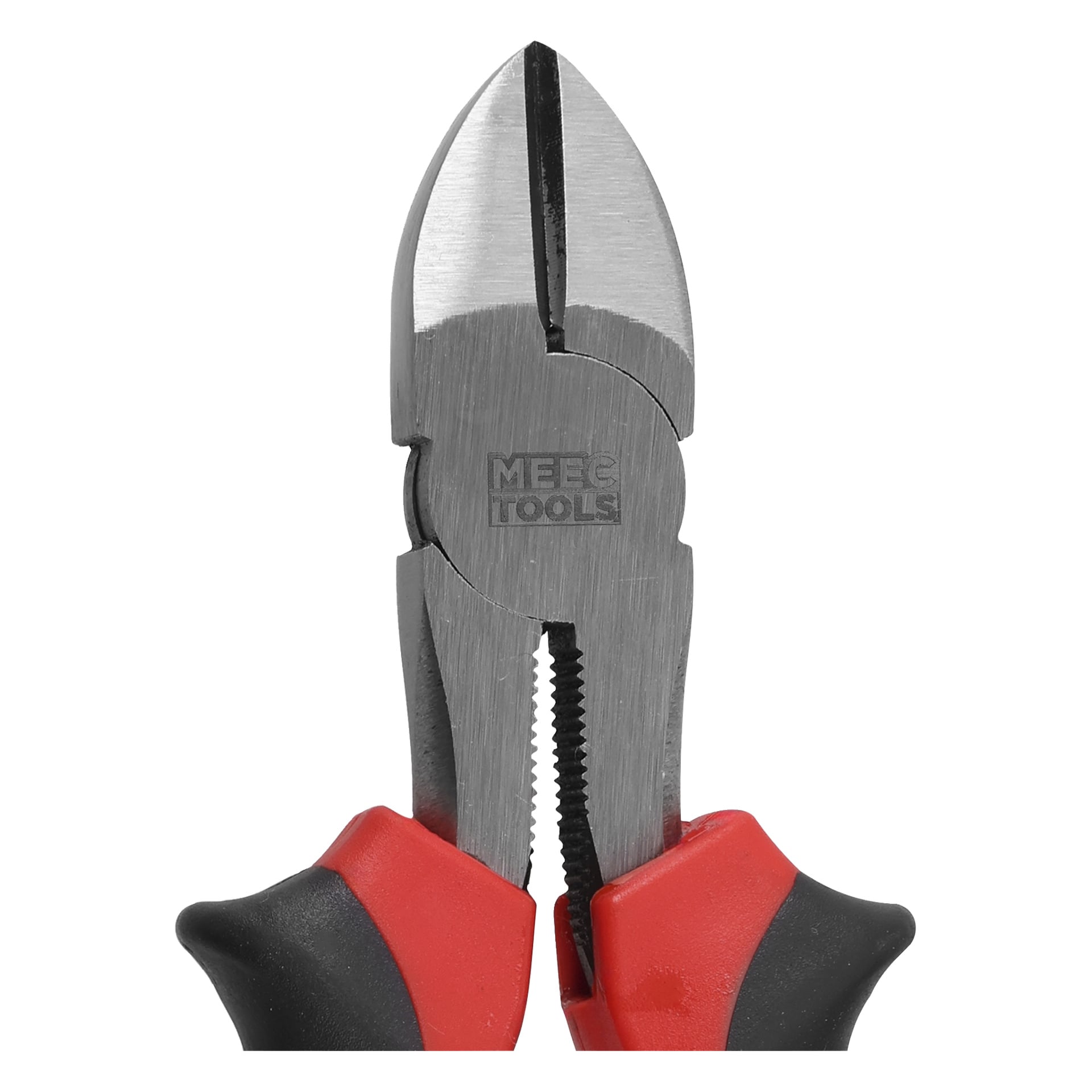 Nahaufnahme einer diagonalen Stahlzange mit roten und schwarzen Gummigriffen, auf die Metall "MEEQ TOOLS" eingraviert ist.