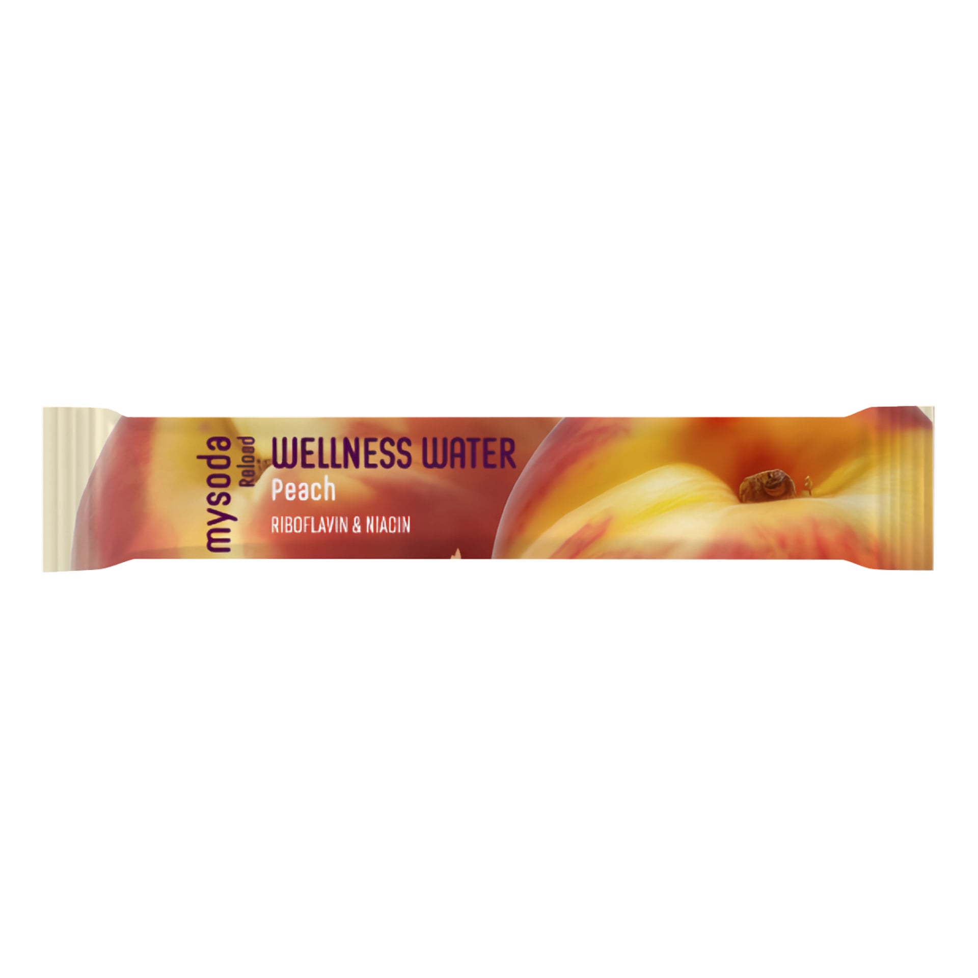 Rektangulær mysoda Reload WELLNESS WATER Peach-pakke, med Riboflavin- og Niacin-tekst og et ferskenbilde i bakgrunnen.