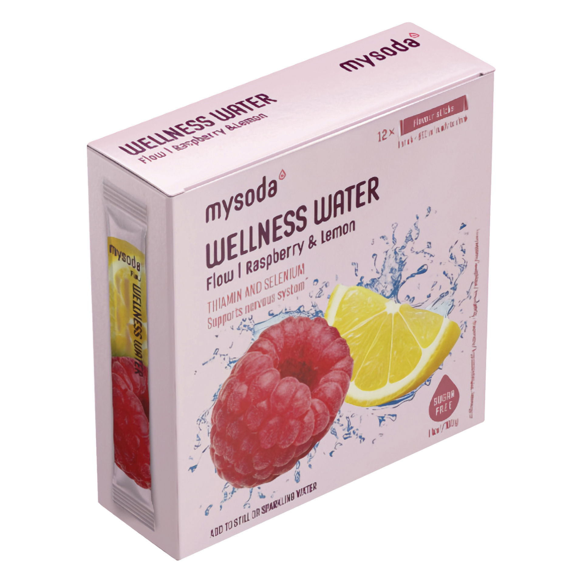Mysoda Wellness Water Flow-boks i bringebær- og sitronsmak, med frukt- og vannsprut. Sukkerfri og støtter nervesystemet.