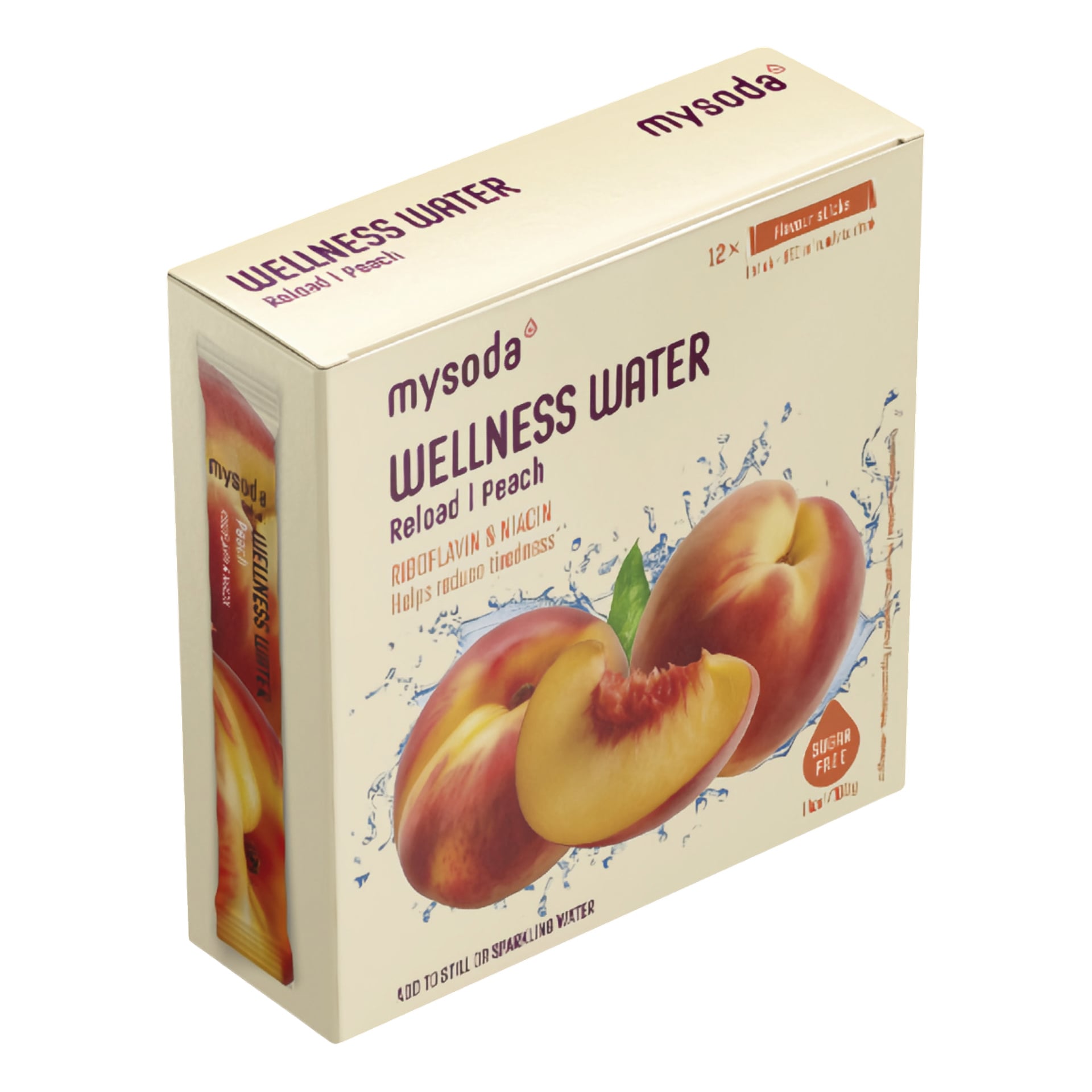En eske med Mysoda Wellness Water-smak stikker i fersken, og viser hele og skivede ferskener samt tekst om vitaminer og sukkerfri.