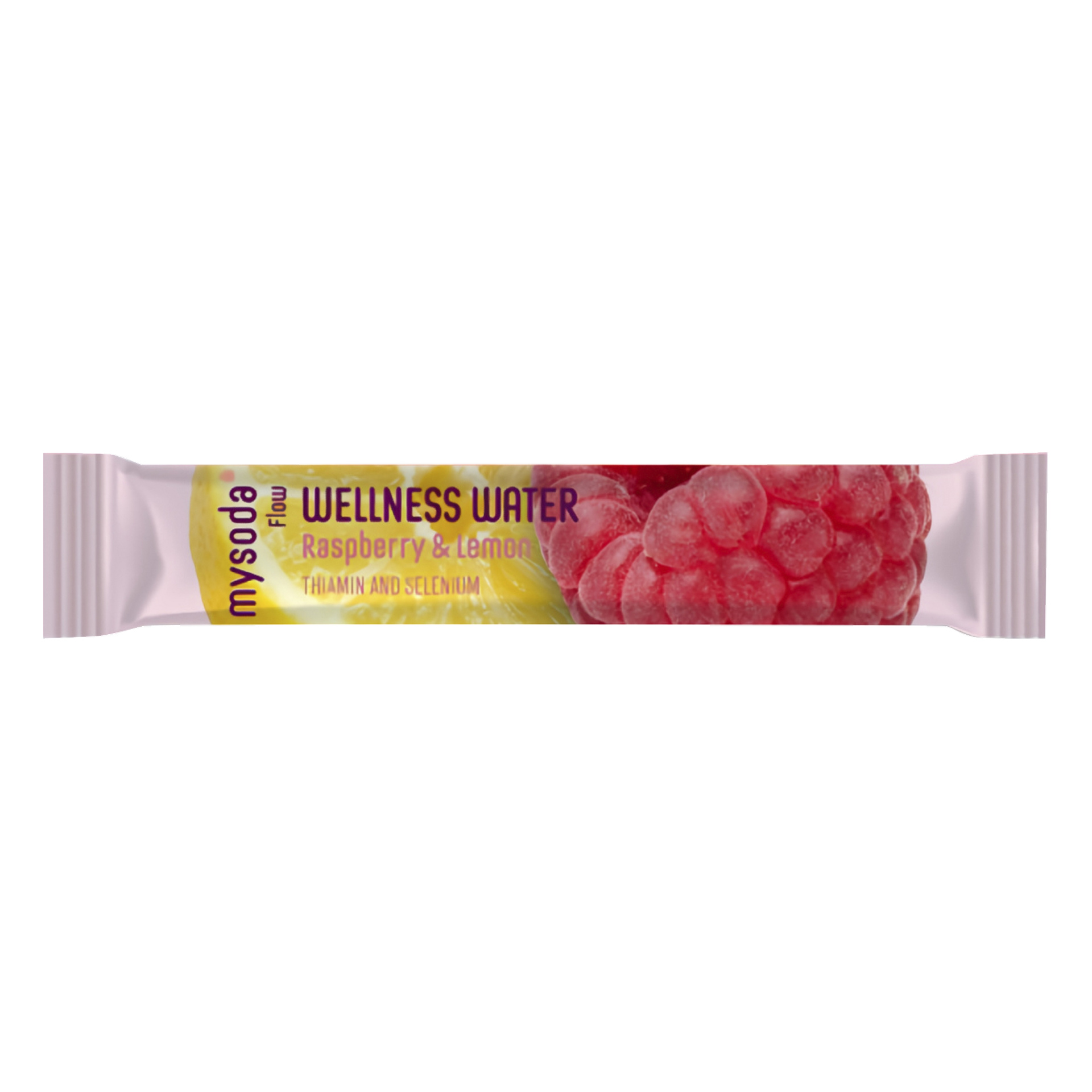 En mysoda Flow Wellness Water Raspberry & Lemon-pakke viser bringebær- og sitronskiver, med tiamin og selen på forsiden.