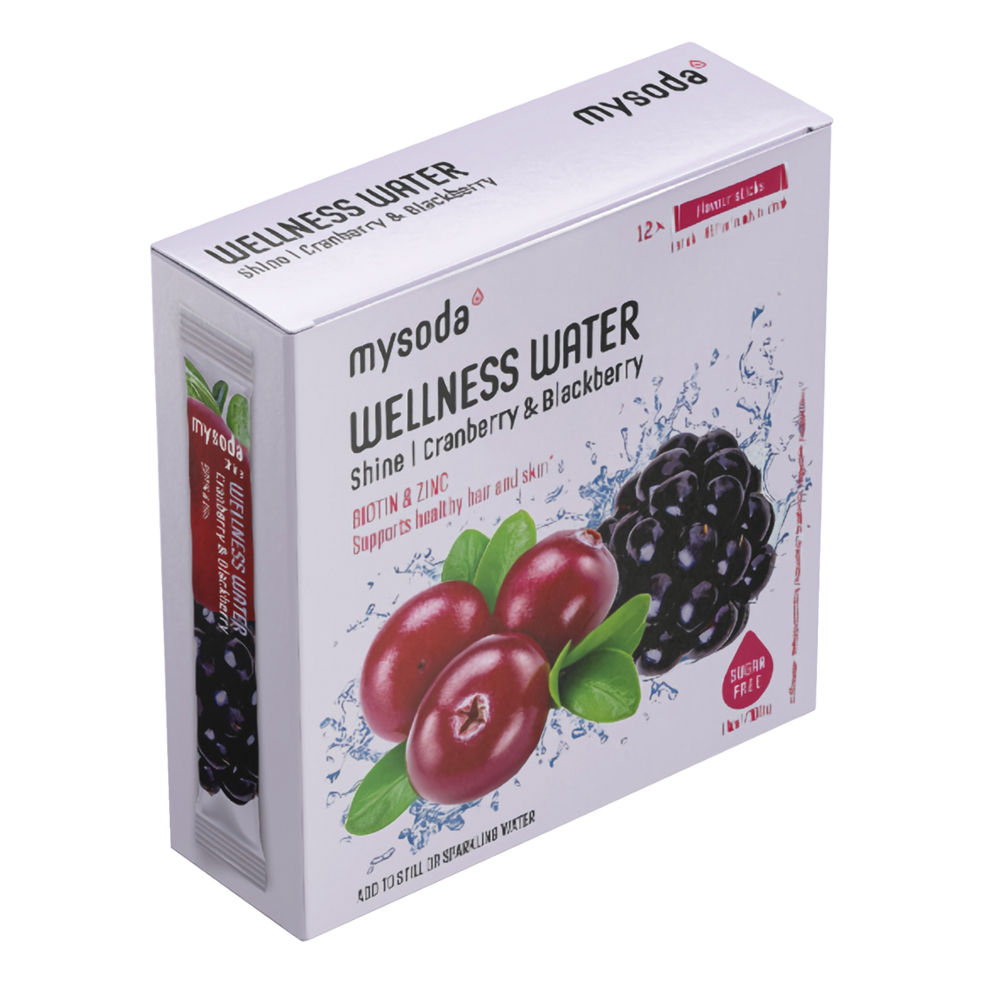 Eske merket mysoda WELLNESS WATER Shine Cranberry & Blackberry, med fruktbilder; inneholder biotin, sink, sukkerfri, 12 stikker.