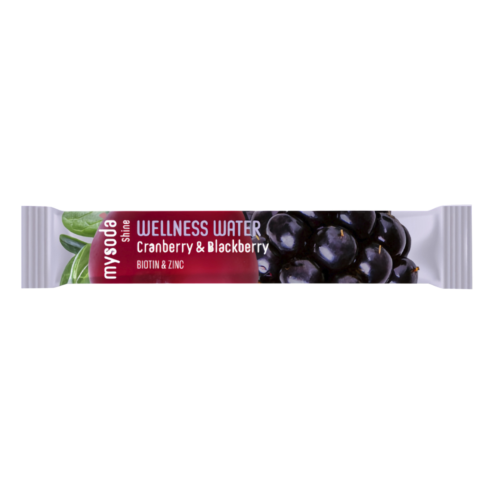 En mysoda SHINE WELLNESS WATER-pakke med tranebær, bjørnebær, grønne blader og omtaler av biotin og sink.