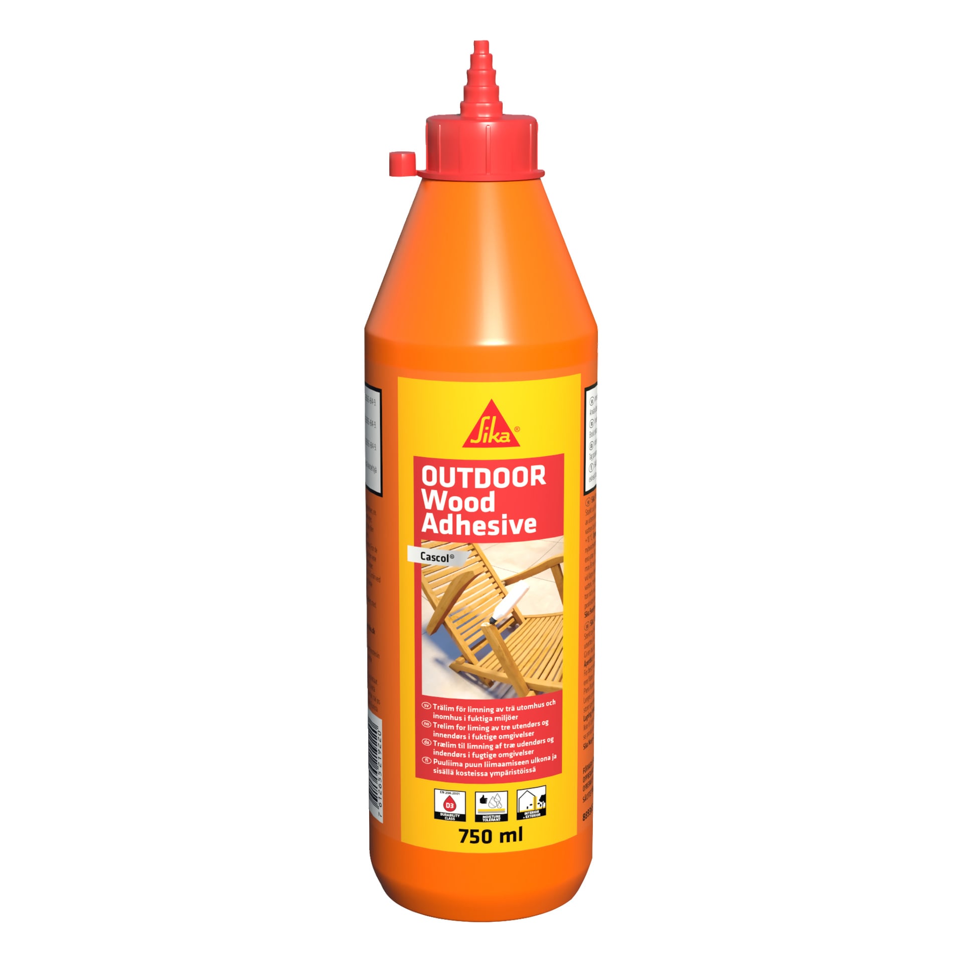 En 750 ml Sika Outdoor Wood Adhesive-flaska med spetsigt munstycke, orange lock och en gul-röd etikett som visar produktinformation och trämöbler.